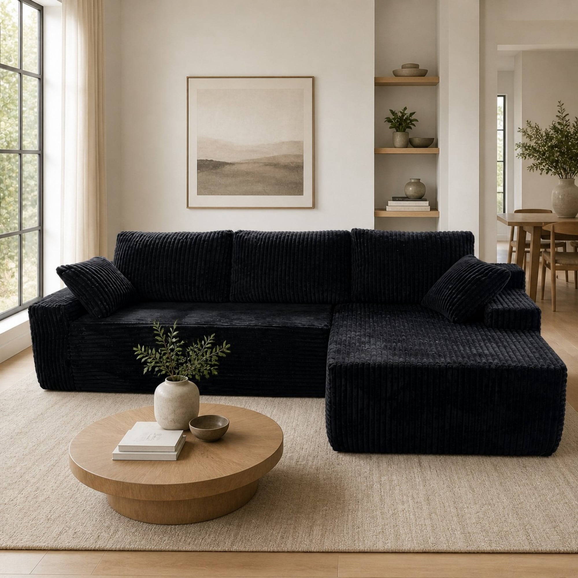LLappuil 108 Sectional Sofa, Modular Sectional Couch with Left Chaise, Deep Seat Corduroy Cloud Sofa for Living Room Black