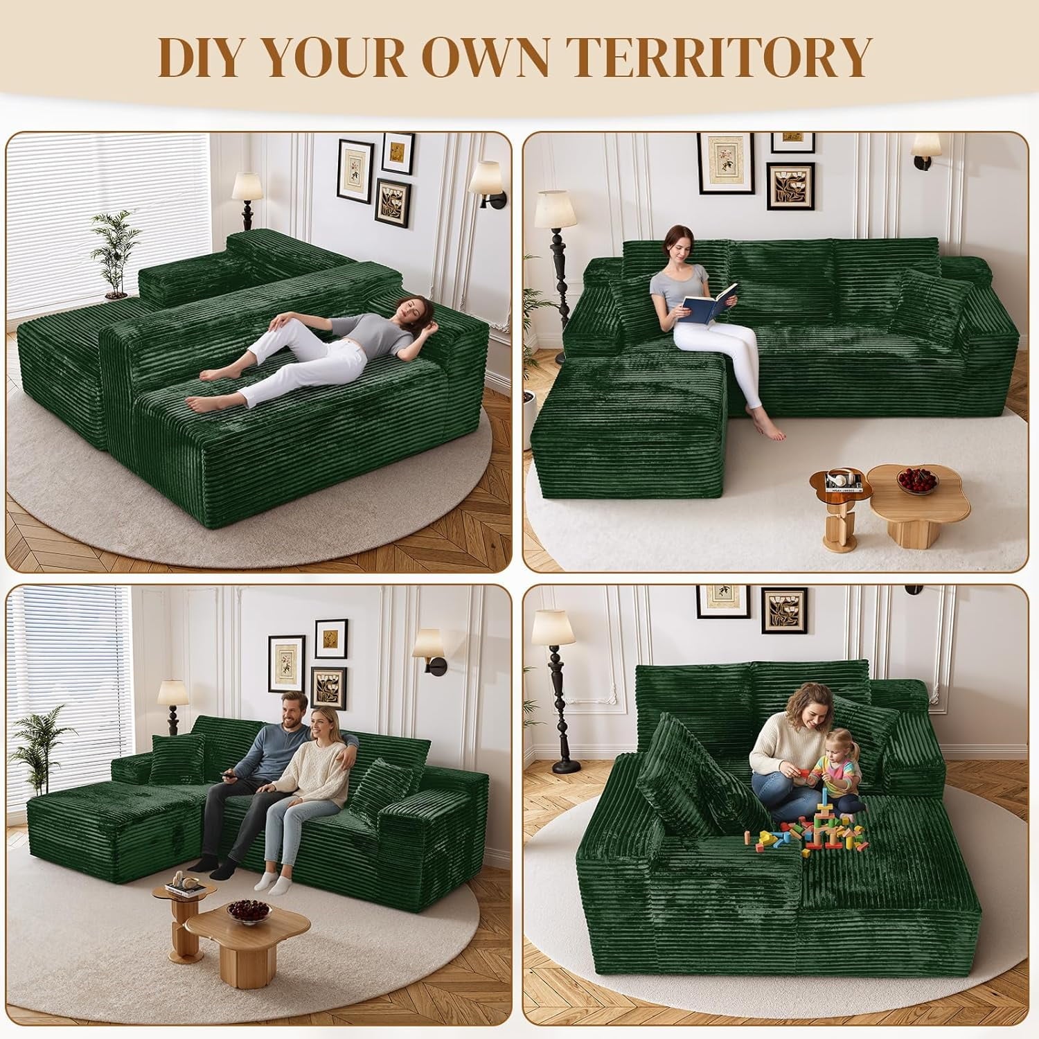 LLappuil 108 Sectional Sofa, Modular Sectional Couch with Left Chaise, Deep Seat Corduroy Cloud Sofa for Living Room Black