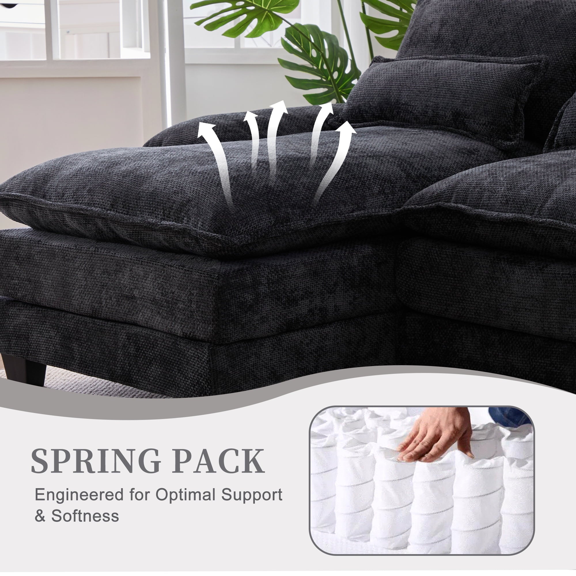 Villeston 126.77 U-Shaped Cloud Sofa With Chaise Lounge, Chenille Sofa With Wireless Charging, Bluetooth Speaker, Two Cup Holders, Storage Drawer, Suitable For Living Room,Gray