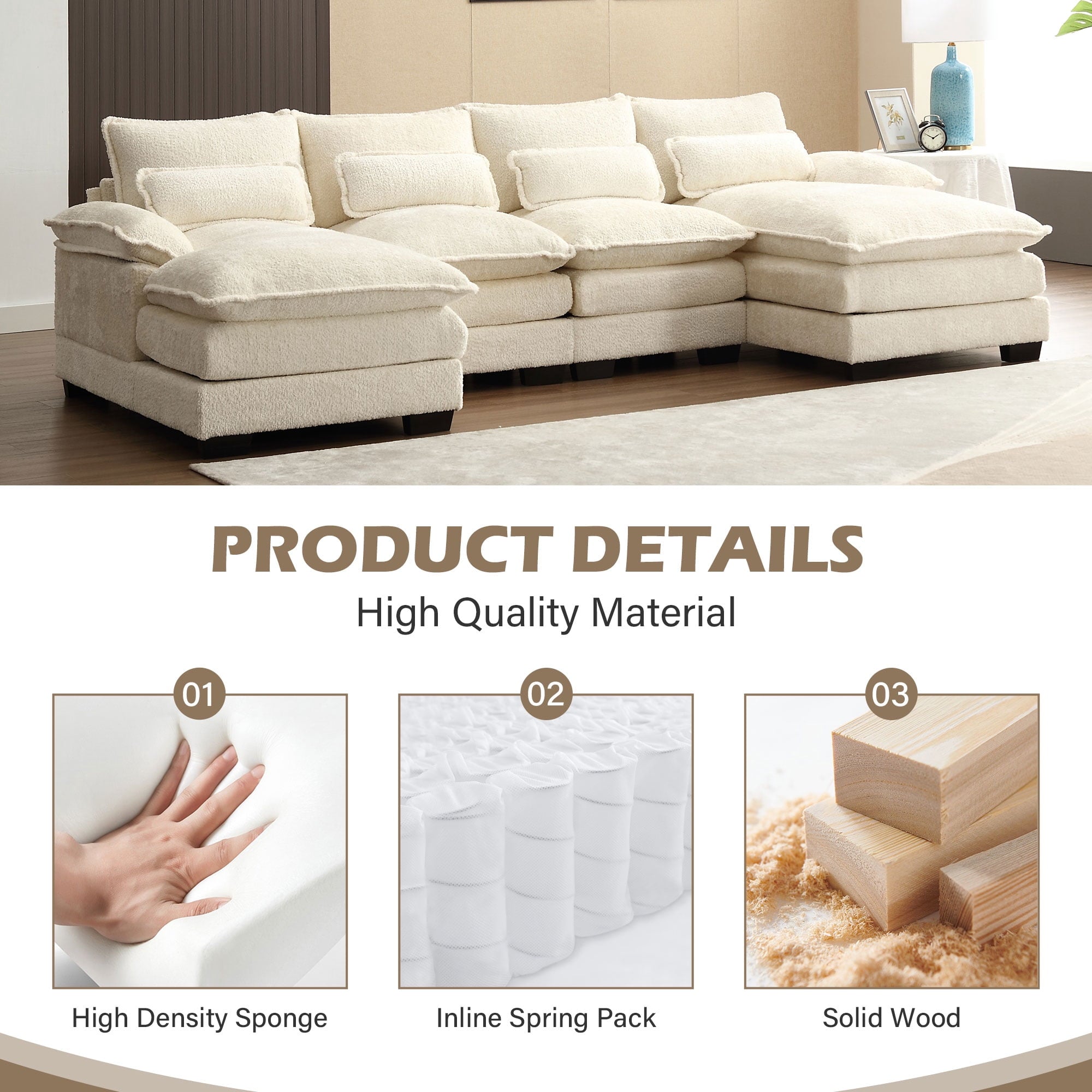 JONPONY109.45 U Shaped Couch,Oversized 4 Seat Sectional with 4 Waist Pillows, Convertible Upholstery Symmetrical Sofá,Sleeper Sofa Couch with Double Chaise Lounge &Memory Foam for Living Room, Beige