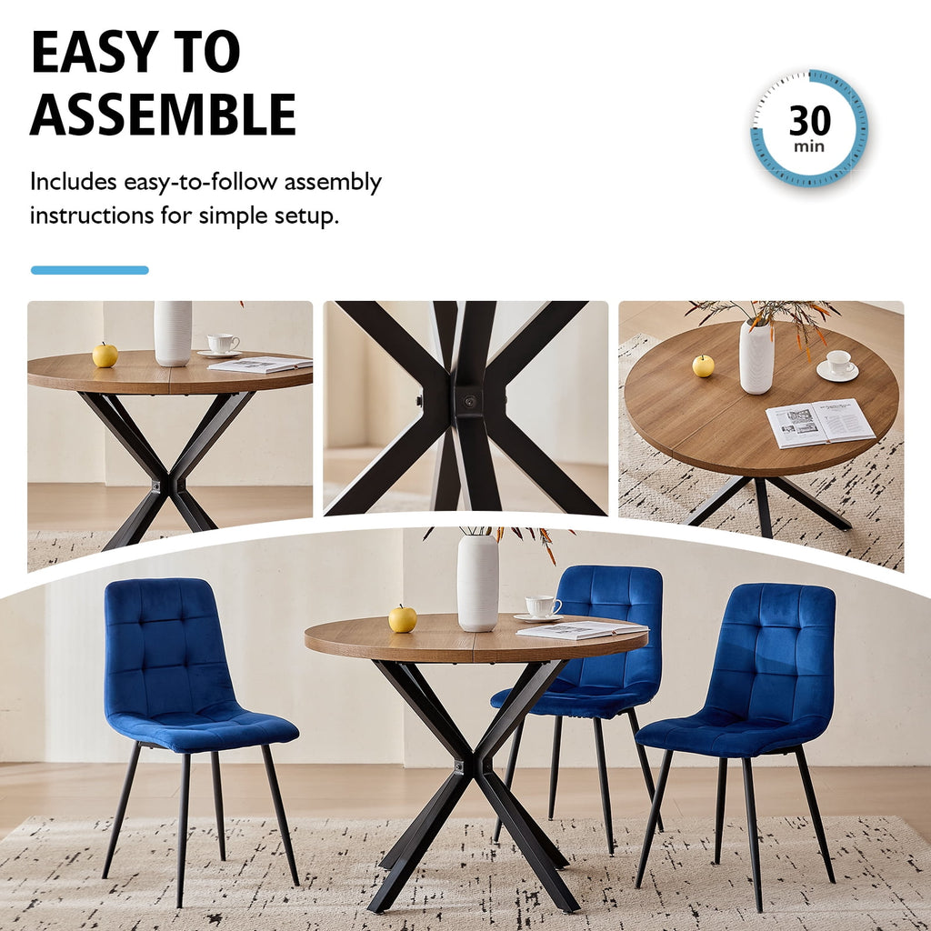 5 Piece 39 Round Dining Table Set for 4, Mid Century Kitchen Table with 4 Khaki Fabric Upholstered Dining Chairs for Apartment Living Room, Space Saving Table.