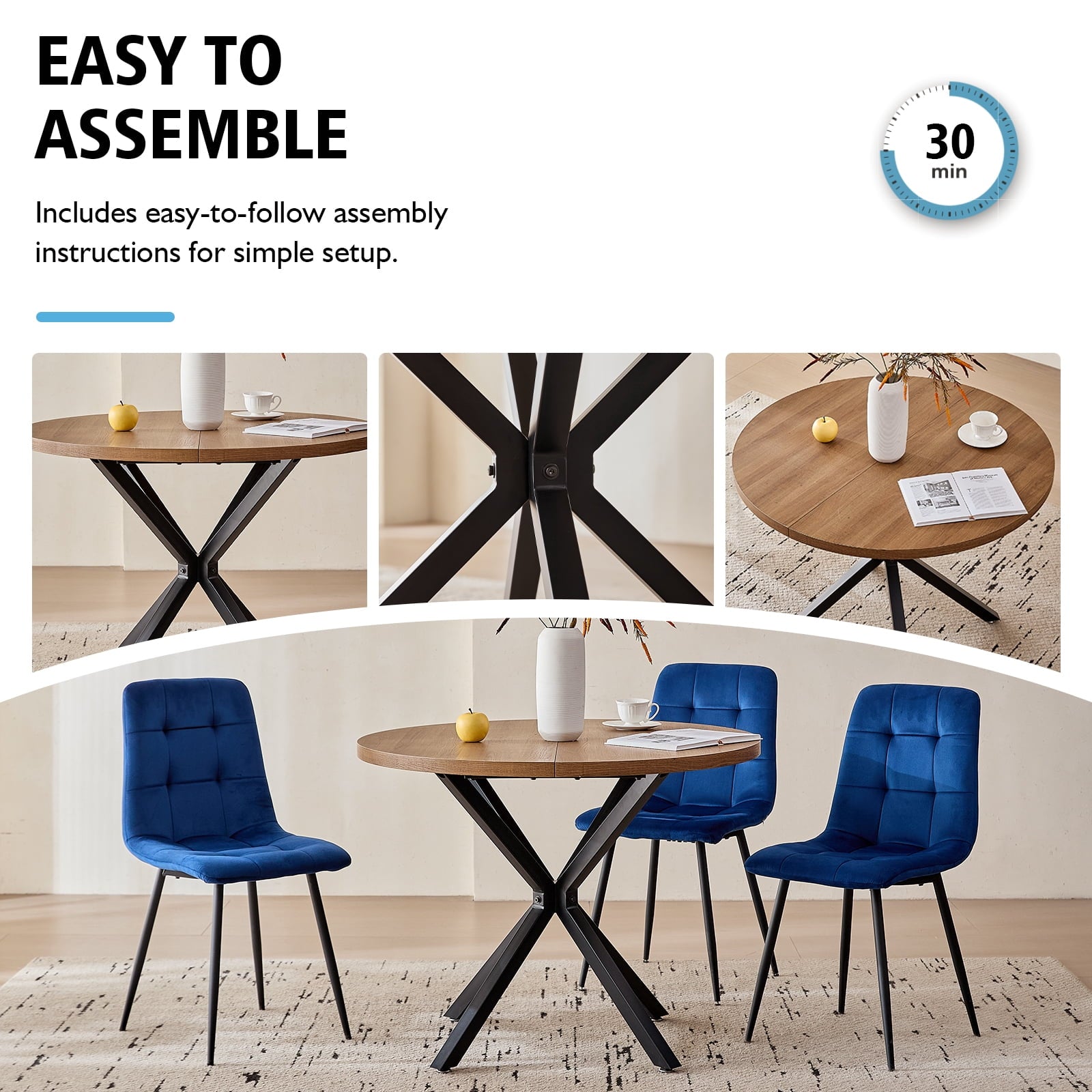 5 Piece 39 Round Dining Table Set for 4, Mid Century Kitchen Table with 4 Khaki Fabric Upholstered Dining Chairs for Apartment Living Room, Space Saving Table.