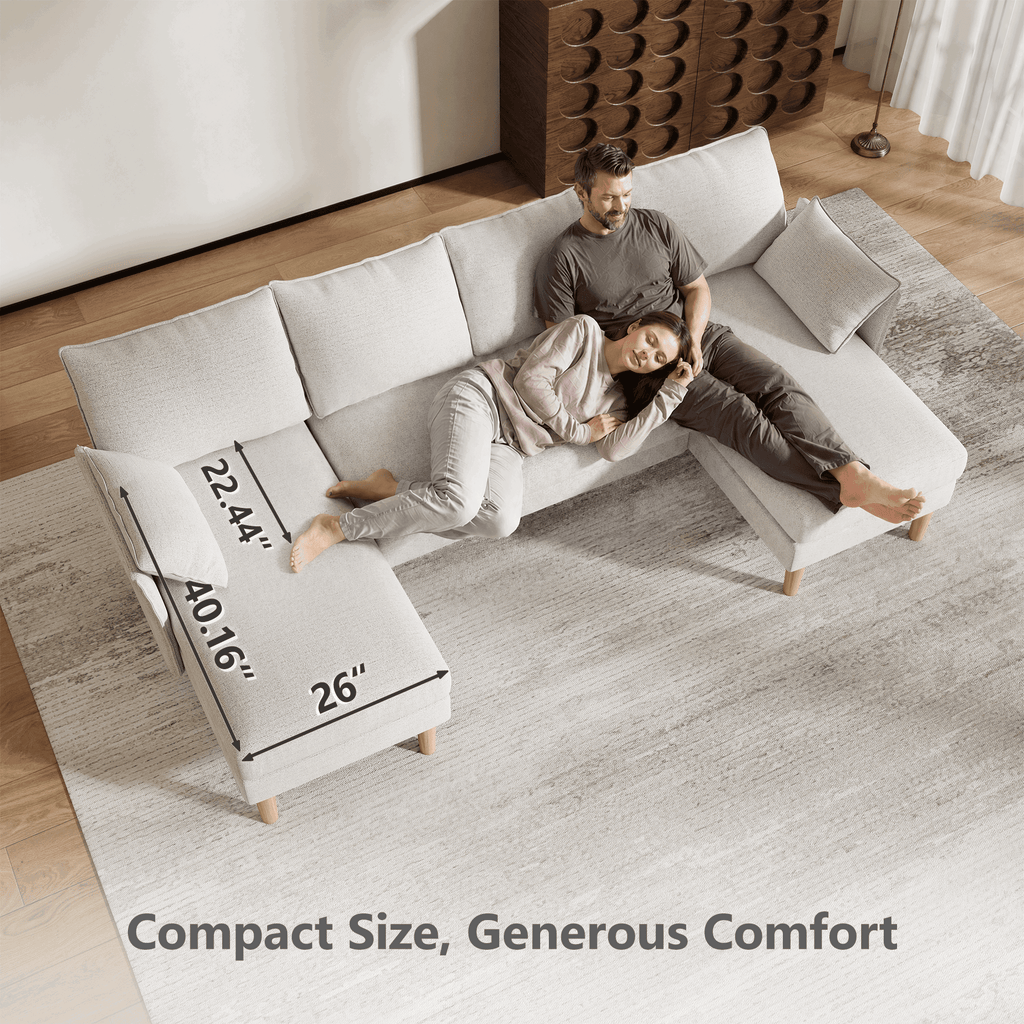 BedLuxury 100 U-Shape Sectional Sofa with Chaise, Chenille Modern Couch with High Legs for Living Room, Apartment, Beige