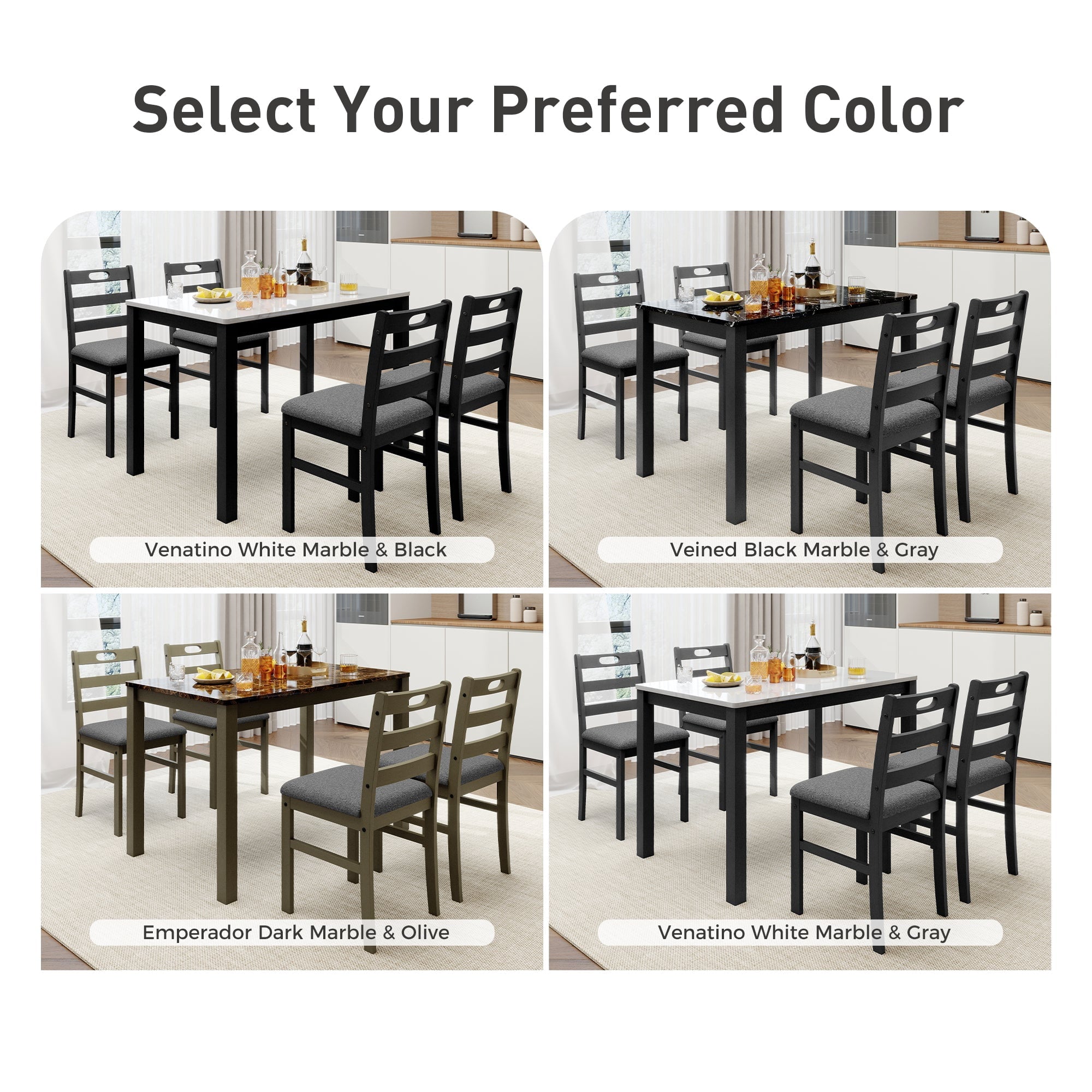 Alpha Joy Farmhouse Dining Table Set for 4 Solid Wood Kitchen Chairs and Table Set, Walnut & White