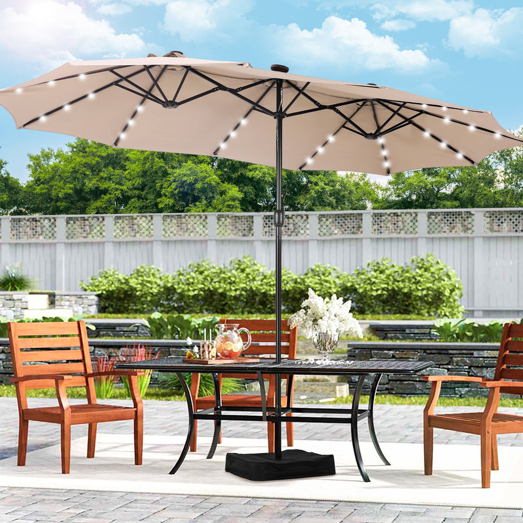 Alpha Joy 15ft Extra Large Outdoor Patio Double-Sided Umbrella with LED Solar Lights & Umbrella Base, Beige