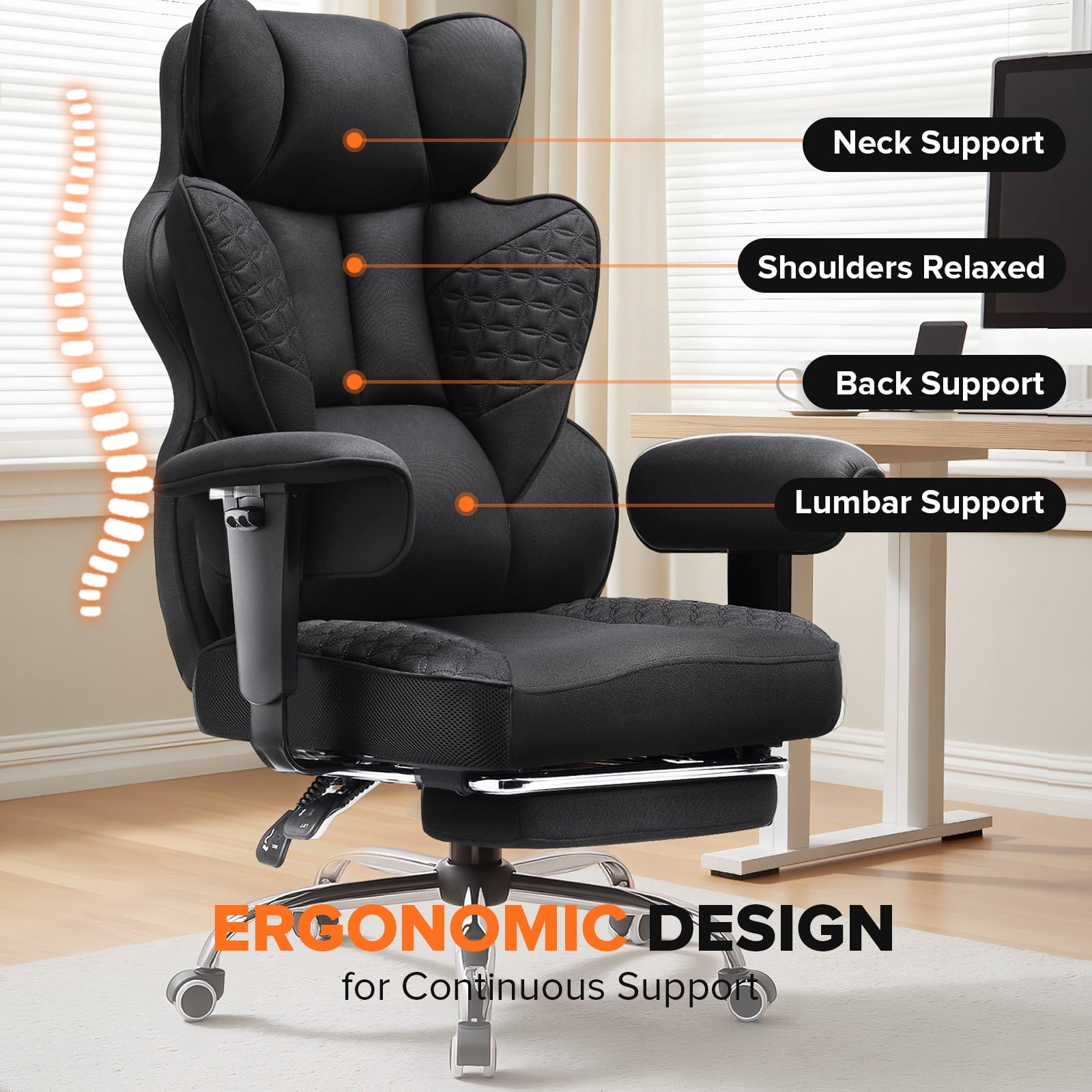CloudRest Pro 400lbs Executive heavy duty office chair, High Back Ergonomic Computer Desk Chairwith Lumbar Back Support, Black