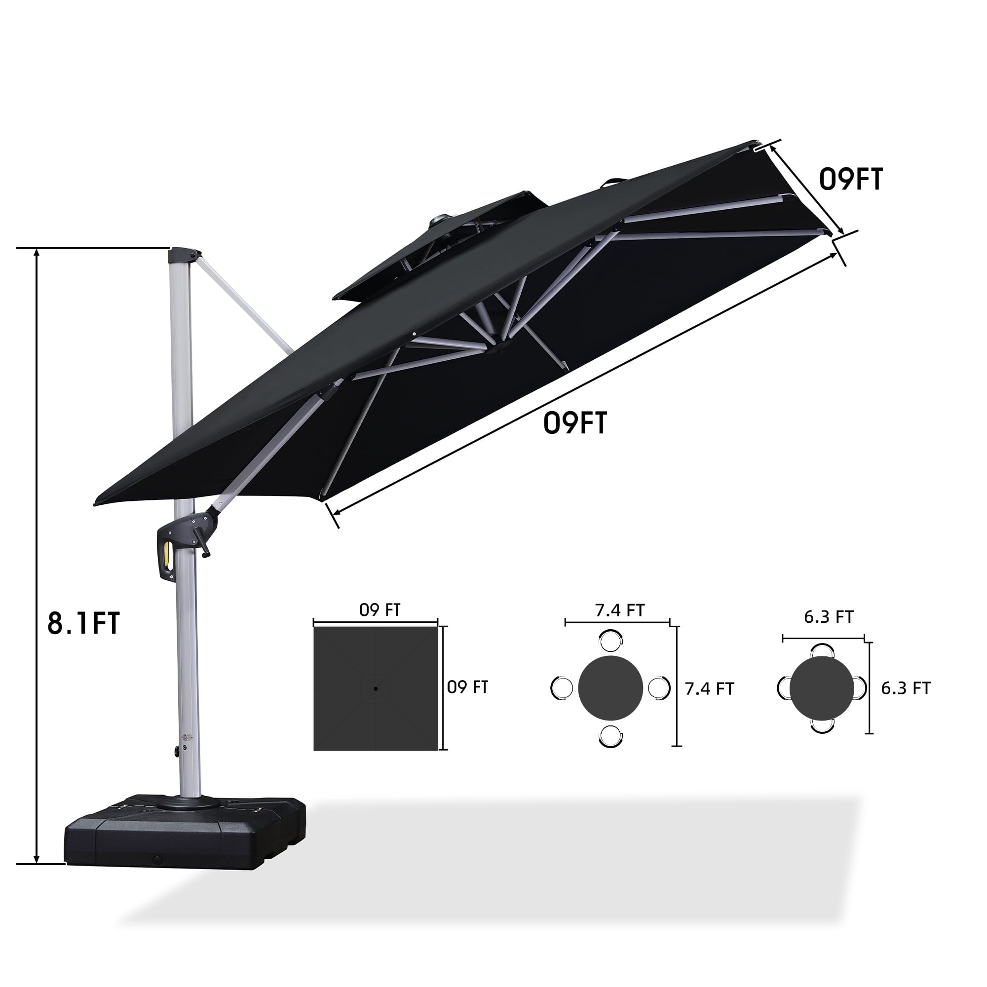 PURPLE LEAF 10 x 13FT Deluxe Rectangular Patio Umbrella, Large Offset Cantilever Umbrella with 360° Rotation, Gray