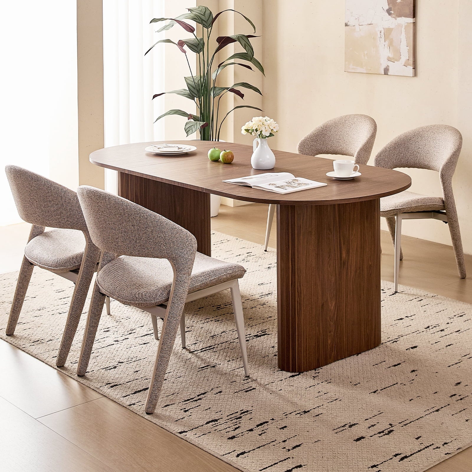 71 Natural Large Dining Table Set for 4 Modern Kitchen Table with Beige Boucle Upholstered Kitchen Chairs Set of 4