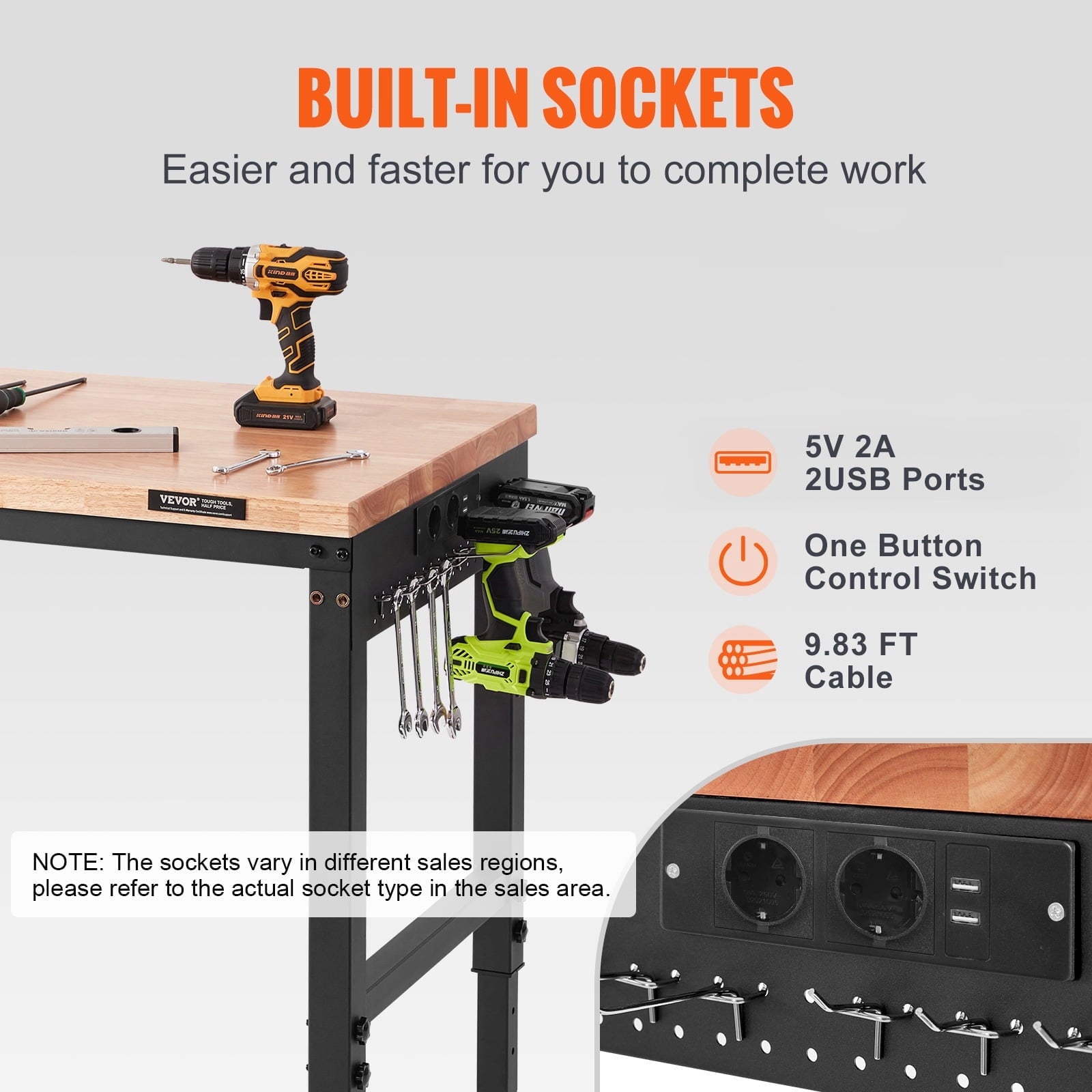 VEVOR Adjustable Workbench, 72 L X 25 W Garage Worktable with Universal Wheels, 28-39.5 Heights & 3000 LBS Load Capacity, with Power Outlets & Hardwood Top & Storage & Foot Pads, for Office Home