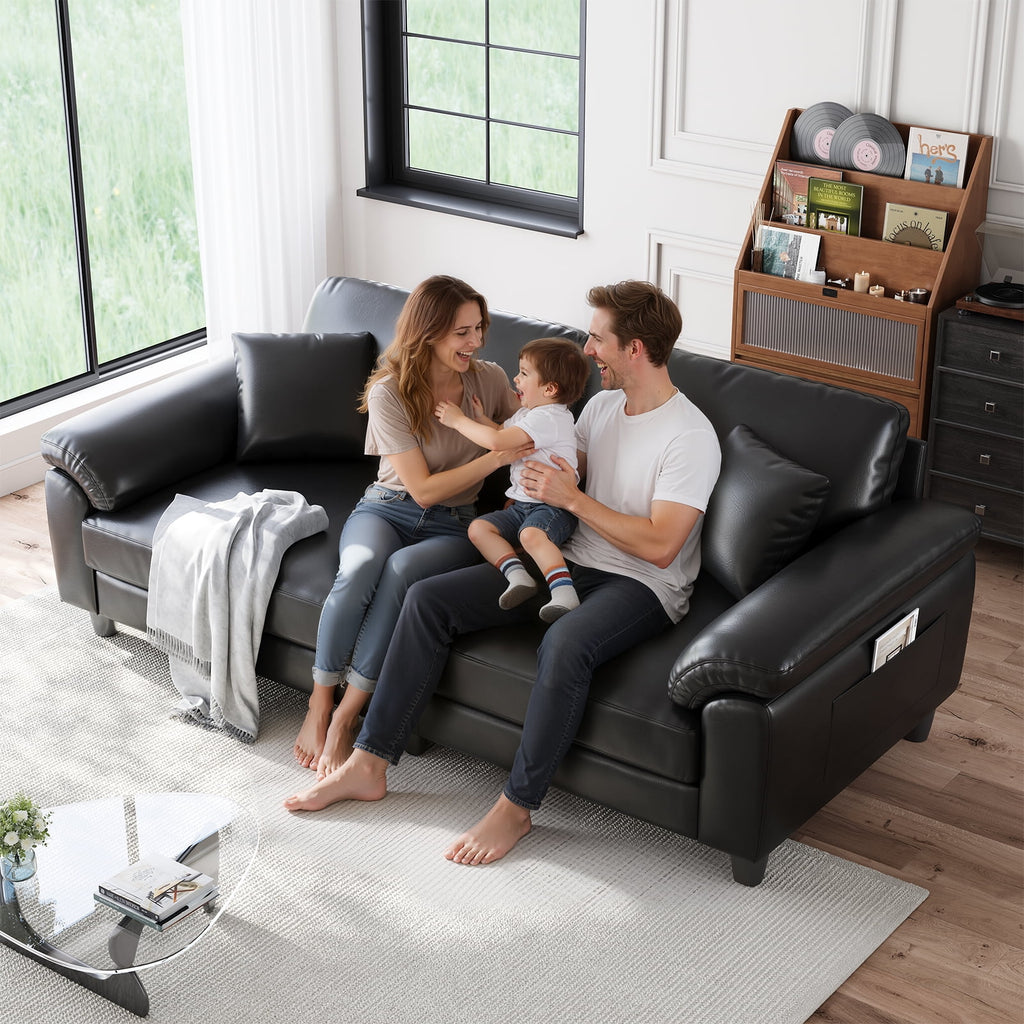 83 Couch Premium PU Leather Sofa, Comfy Extra Deep Seat 3 Seater Couch for Living Room, Oversized Loveseat with 2 Pillows, Beige