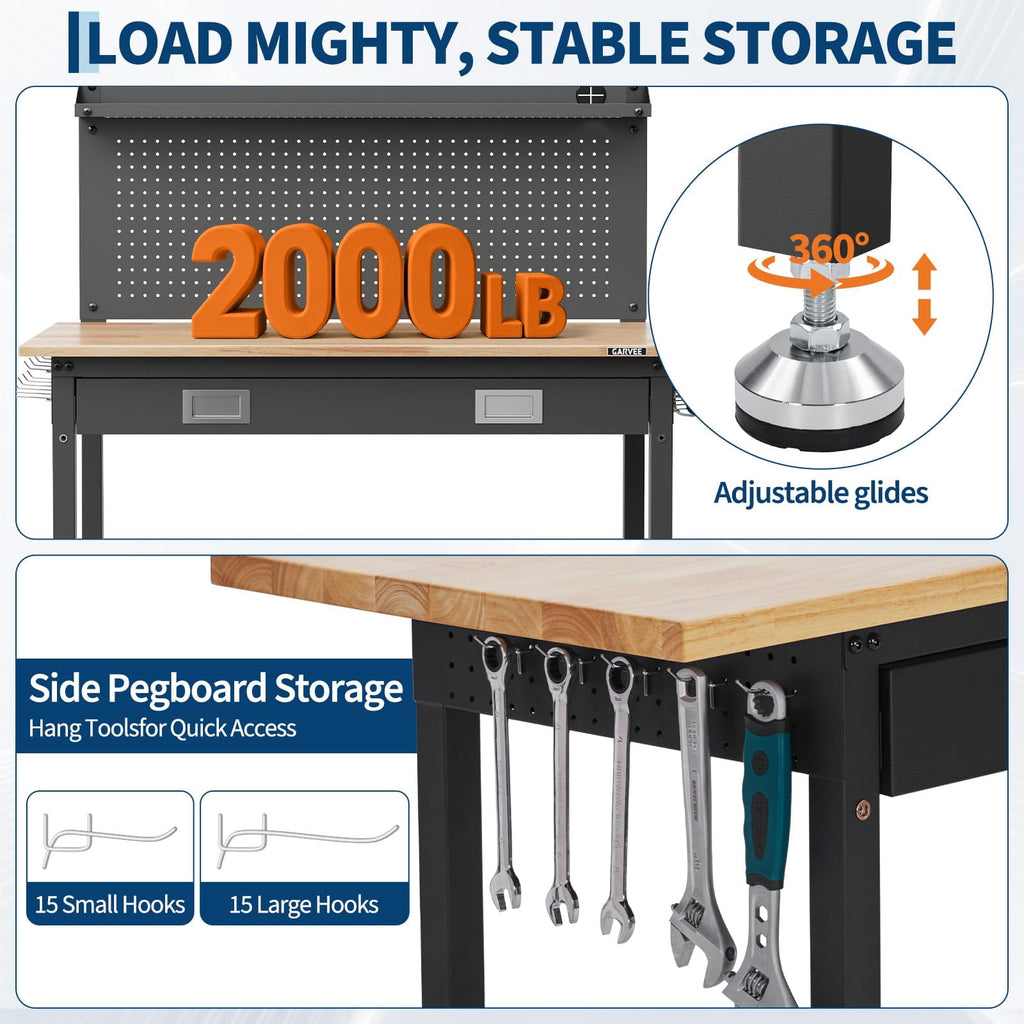 Garvee Work Tables for Workshop, 48 x 24 Workbench with Integrated Drawer, Back Panel & 5-Level Adjustable Height, Black