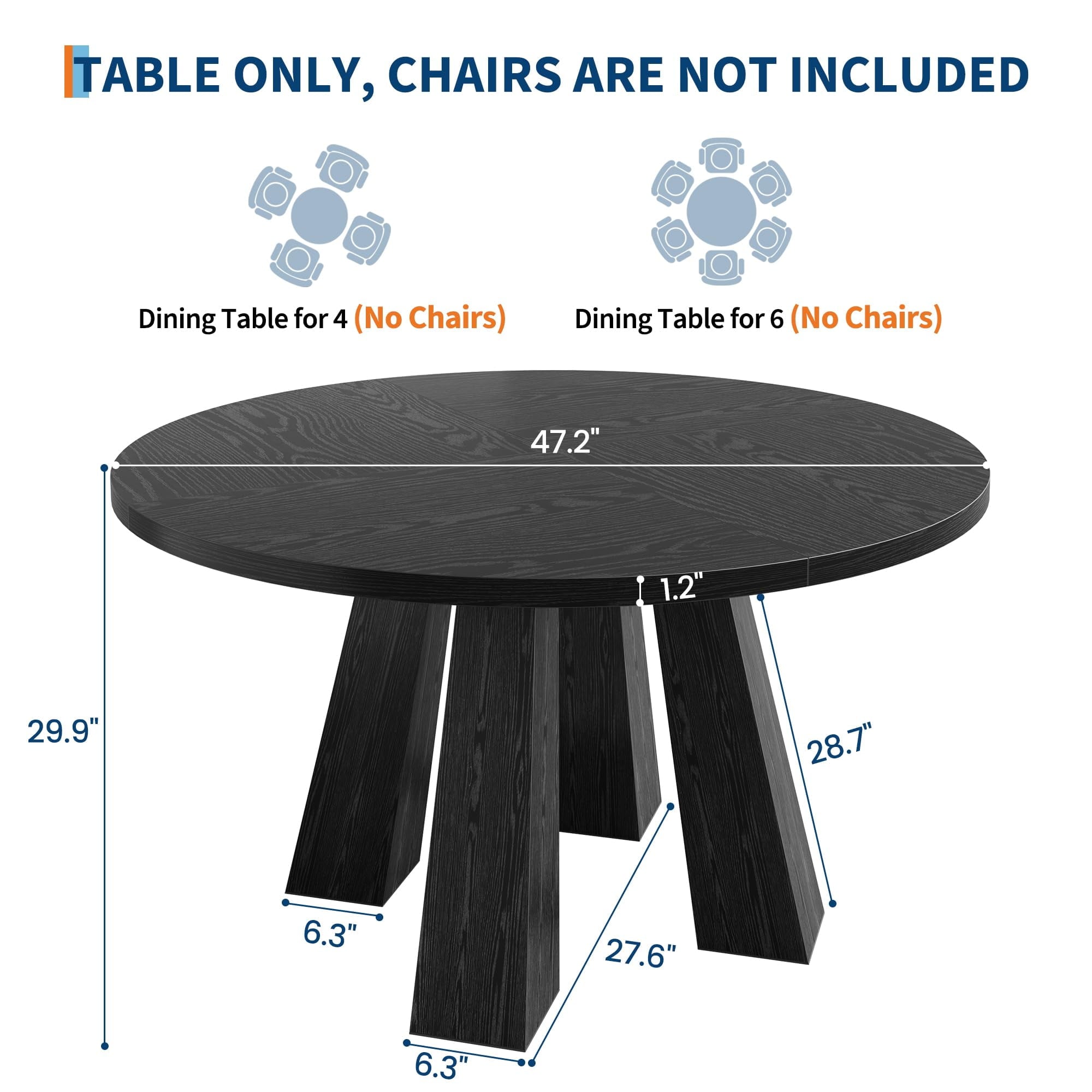 47 Round Farmhouse Dining Table for 4 | Sturdy Kitchen Table & Breakfast Nook Centerpiece Space-Saving Design for Dining Room (Table Only)