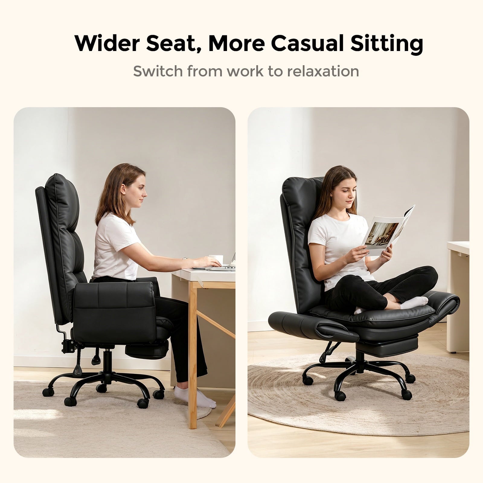 Patbrela Big and Tall Office Chair, PU Leather Swivel Desk Chair Ergonomic Computer Chairs with Adjustable Armrests, Black
