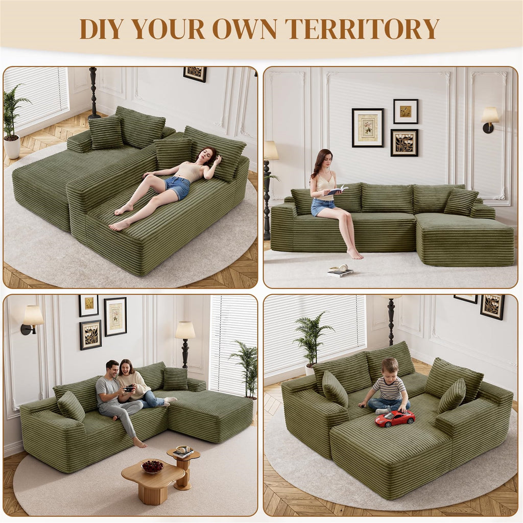 Aukfa 95 Cloud Sectional Sofa Deep Seat Boneless Couch Modular L-Shaped Couch, Left Chaise Corduroy Sofa for Living Room, Black