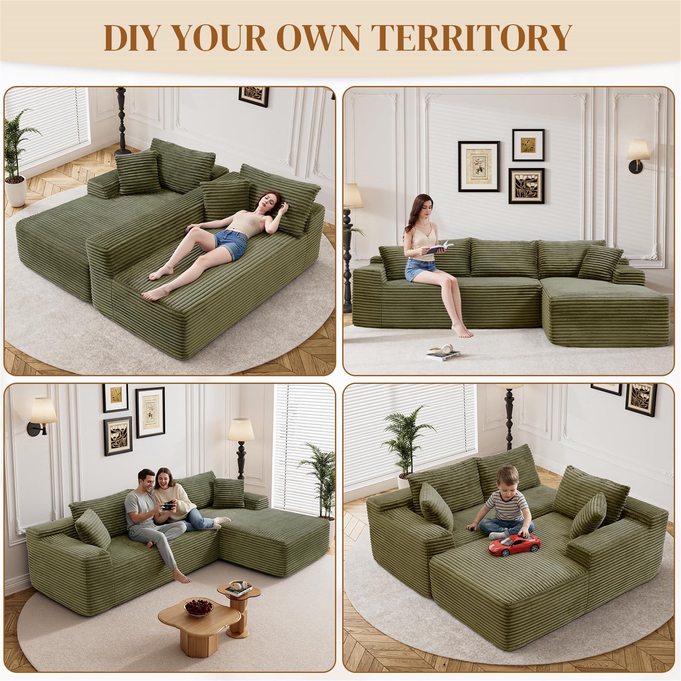 Aukfa 95 Cloud Sectional Sofa Deep Seat Boneless Couch Modular L-Shaped Couch, Left Chaise Corduroy Sofa for Living Room, Black