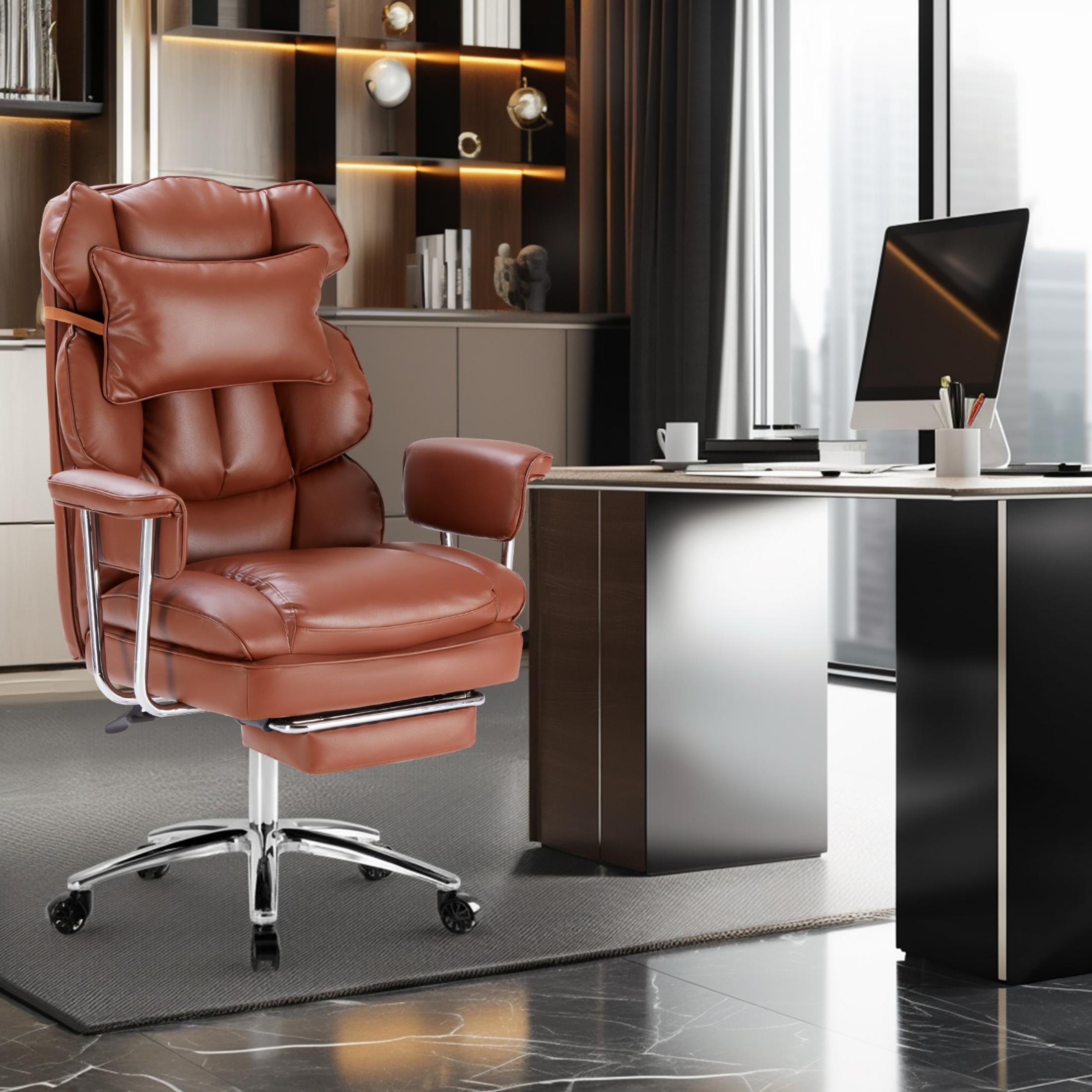 edx Executive Home Office Desk Chair, Ergonomic Big Tall High Back with Footrest & Lumbar Support, Reclining Comfy PU Leather Computer Gaming Chair with Swivel Wheels, Height Adjustable, Black