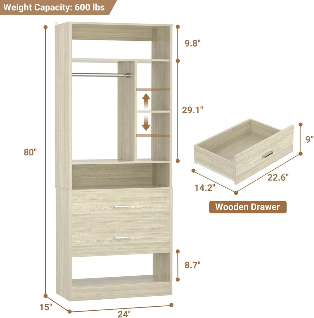 Homieasy Freestanding 24 Closet System with 2 Wood Drawers, 2FT Small Closet Organizer System with 6 Shelves & Hanging Rod, Walk-in Closet Systems for Small Closets, White