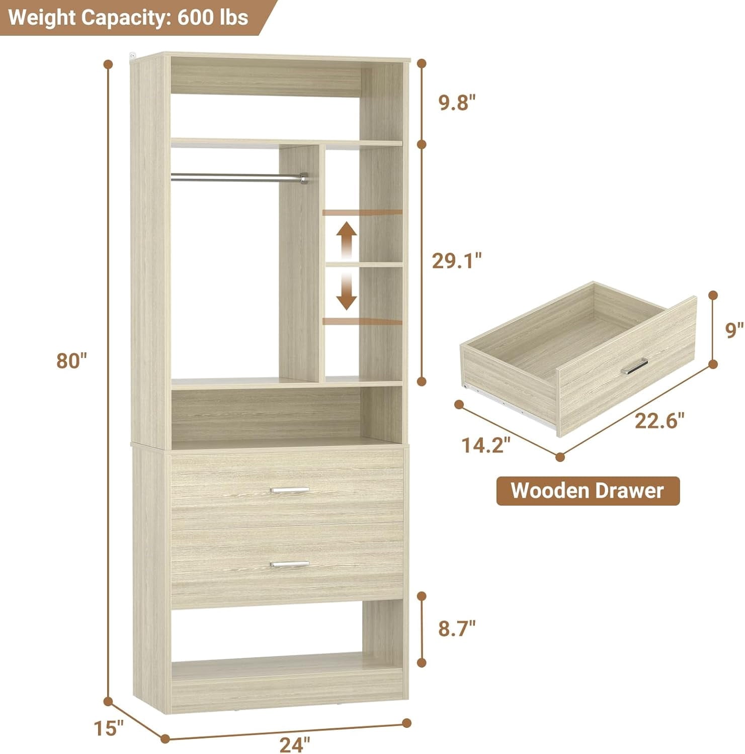 Homieasy Freestanding 24 Closet System with 2 Wood Drawers, 2FT Small Closet Organizer System with 6 Shelves & Hanging Rod, Walk-in Closet Systems for Small Closets, White