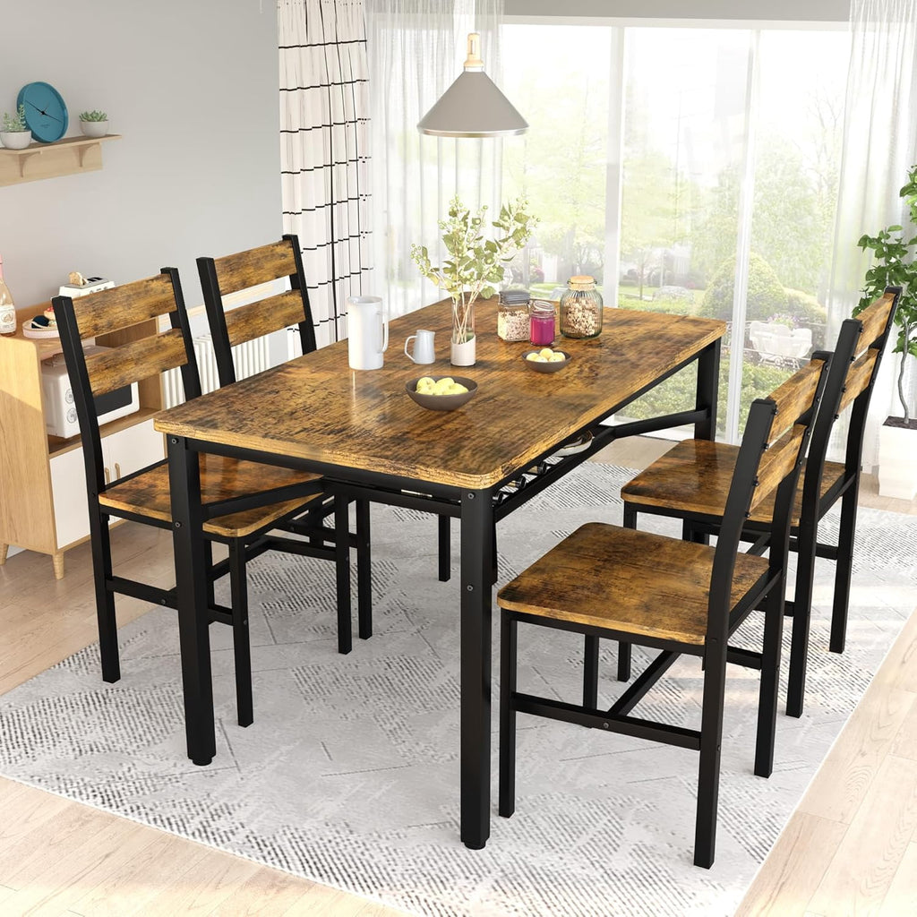 Lamerge 4 Person Dining Table Set, Wooden Dining Table 5 Piece Set with 4 Oak Metal Frame Chairs, Space Saving, Suitable for Apartments, Small Spaces, Kitchens, Breakfast Corners, Espresso Wood C