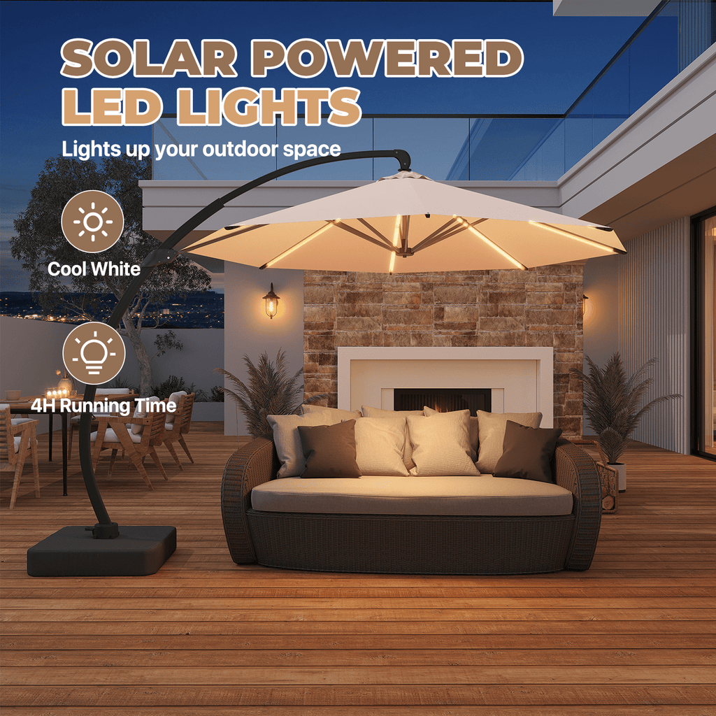 BaPiPro 11ft Offset Cantilever Patio Umbrella with Solar Lights & Base Included, Large Round Heavy Duty Frame Umbrella, 360° Rotation, for Deck Pool Backyard, Beige