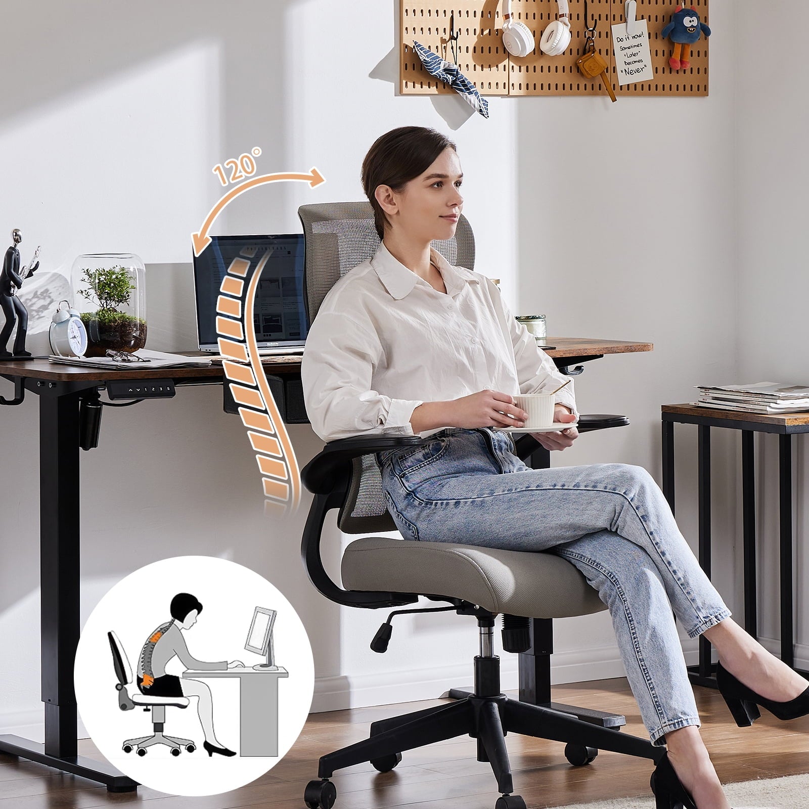 GIANNA Mesh Ergonomic Office Desk Chair, High Back Swivel Computer Chair, With 2D Headrest, Up&Down Lumbar Support, Adjustable Flip-up Armrests, Black