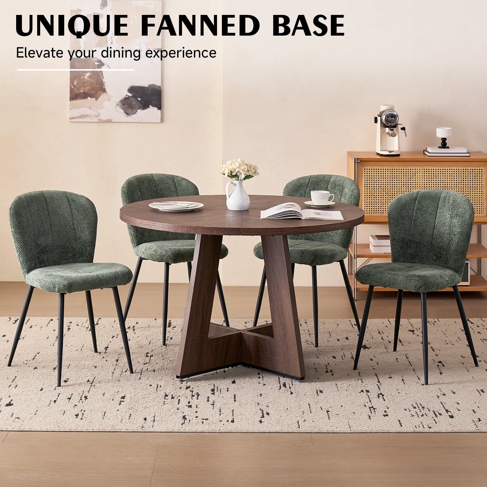 5 Piece 47'' Round Dining Table Chairs Set for 4, Farmhouse Oak Kitchen Table with 4 Boucle Mid Century Modern Dinning Room Chairs, Wood Dinner Table &Upholstered Chair Set of 4, Beige
