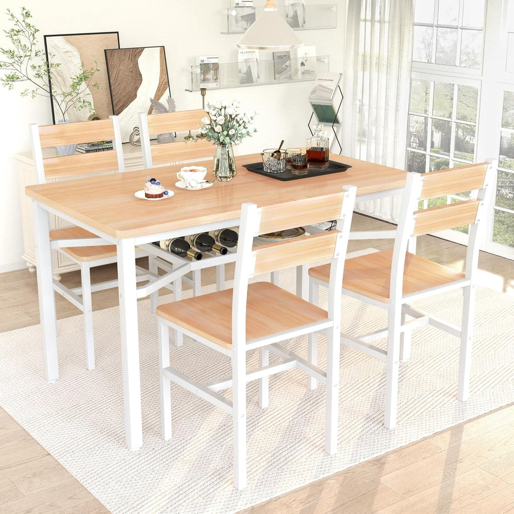 LinkRomat Dining Table Set for 4, Farmhouse Kitchen Table with 4 Wood Chairs, Dining Room Set for Breakfast Nook, Small Places, Restaurant, Gray