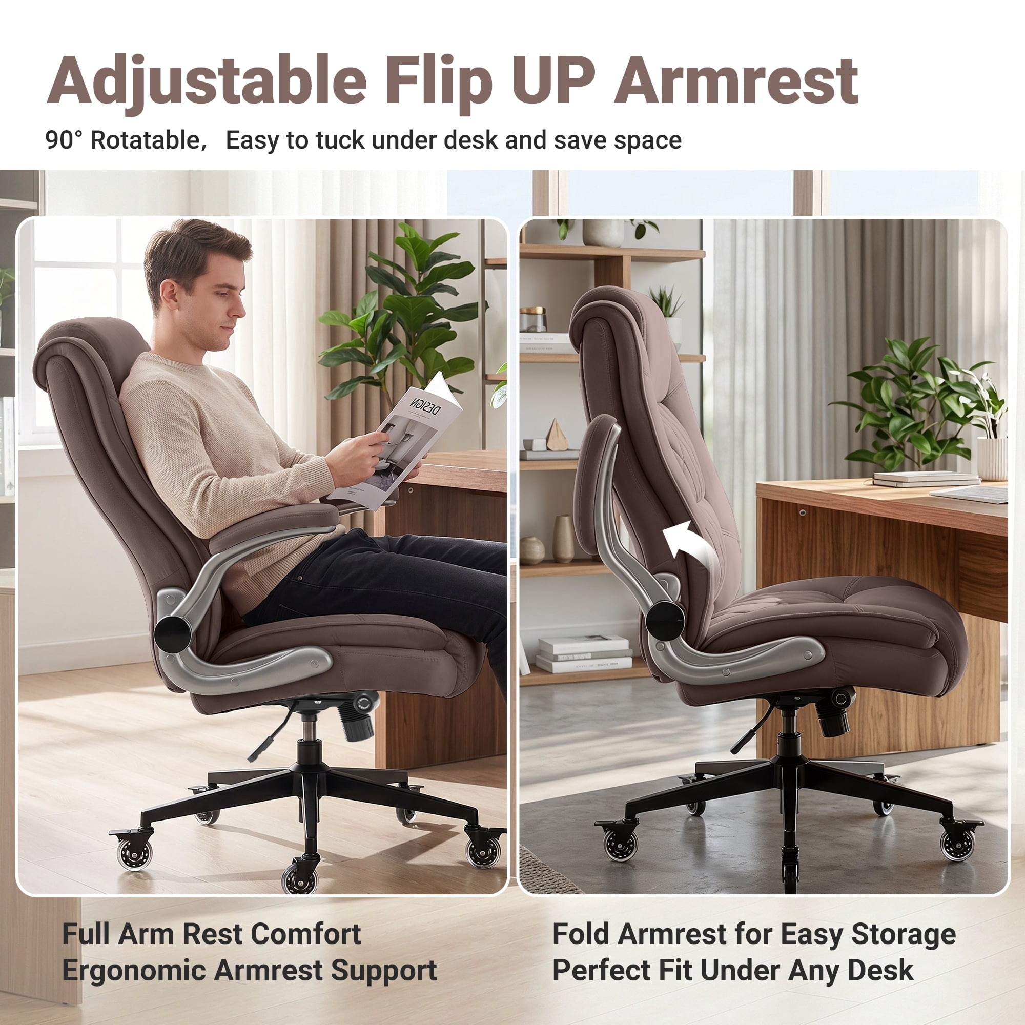 Ergonomic Home Office Chair with Locking Wheels, High-back Desk Chair with Thick Padded Flip-up Armrest, Comfy Executive Chair with Adjustable Lumbar Support for Home & Office & Work