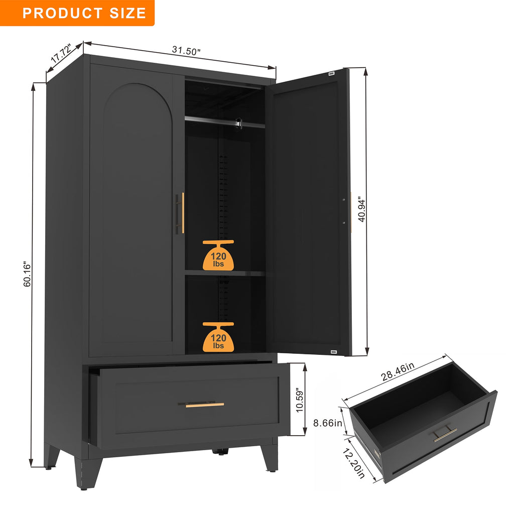 avobird 60 Tall Metal Wardrobe Cabinet with 1 Drawer and Hanging Rod, 2 Doors Wardrobe Closet with Shelf for Bedroom, Beige