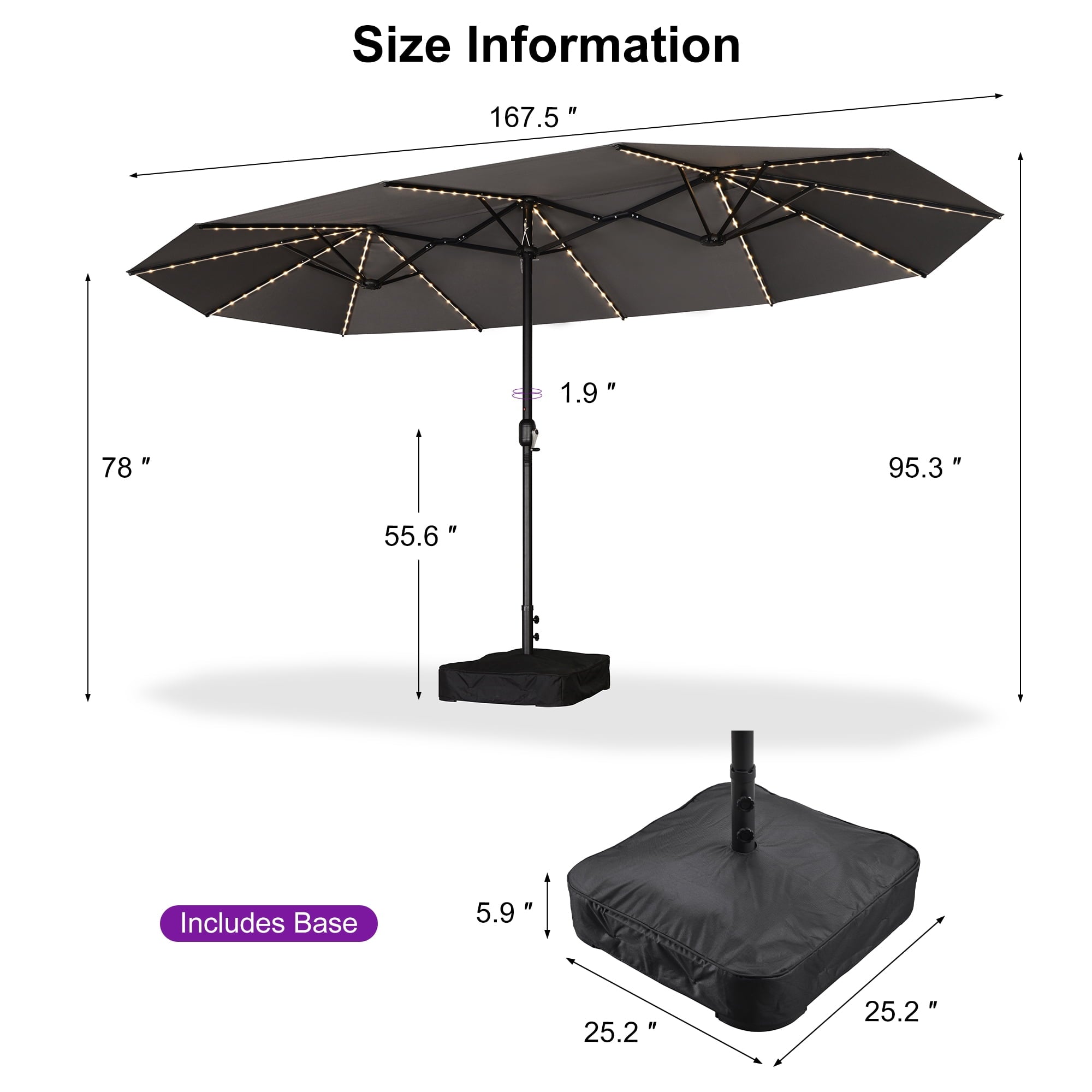 PURPLE LEAF 13ft Market Patio Umbrella with Solar LED and Base Double-Sided Sun Umbrellas for Pool Beach Deck Backyard Taupe