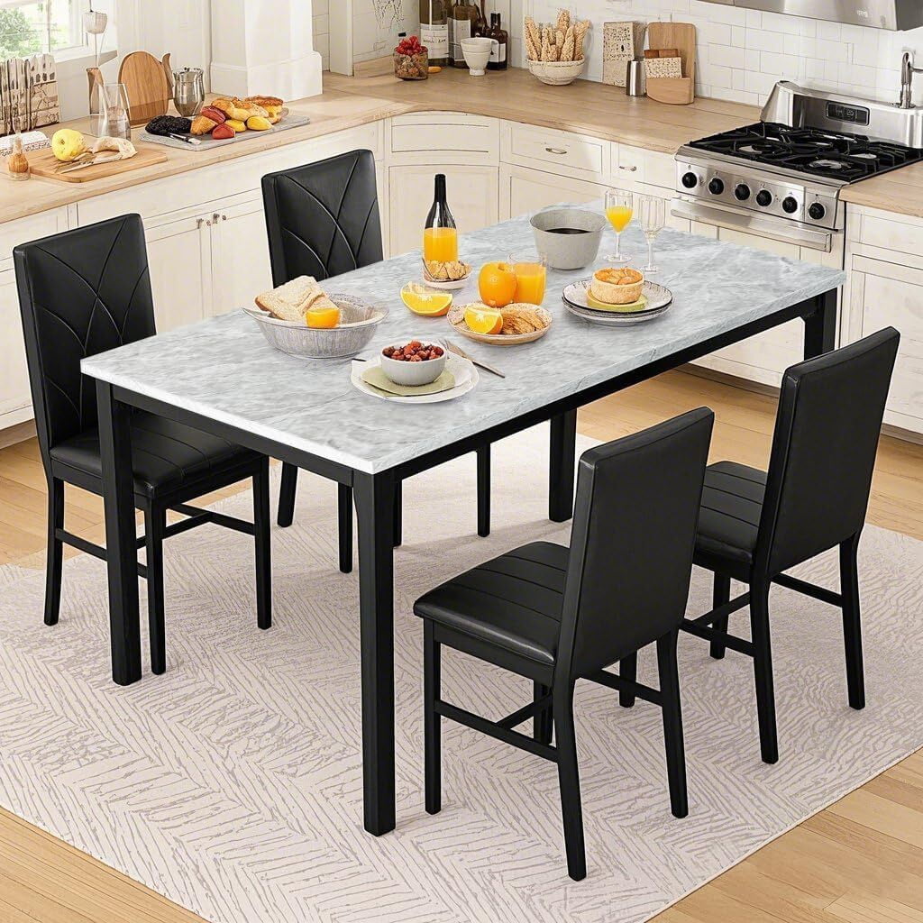 MOOSENG Dining Table Set for 4, Faux Marble Kitchen Table and Chairs Set of 4, 5-Piece Dining Room Set with PU Leather Upholstered Chairs for Small Space, Gray