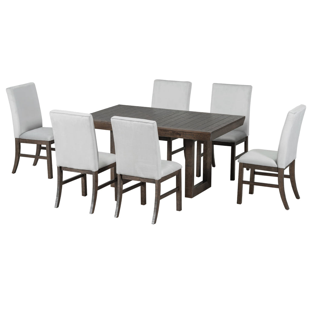 Harper & Bright Designs 7 Pieces Retro Dining Set for 6, Wood Rectangular Table with Designed Trestle Base and 6 Upholstered Chairs for Dining Room and Kitchen, Grey