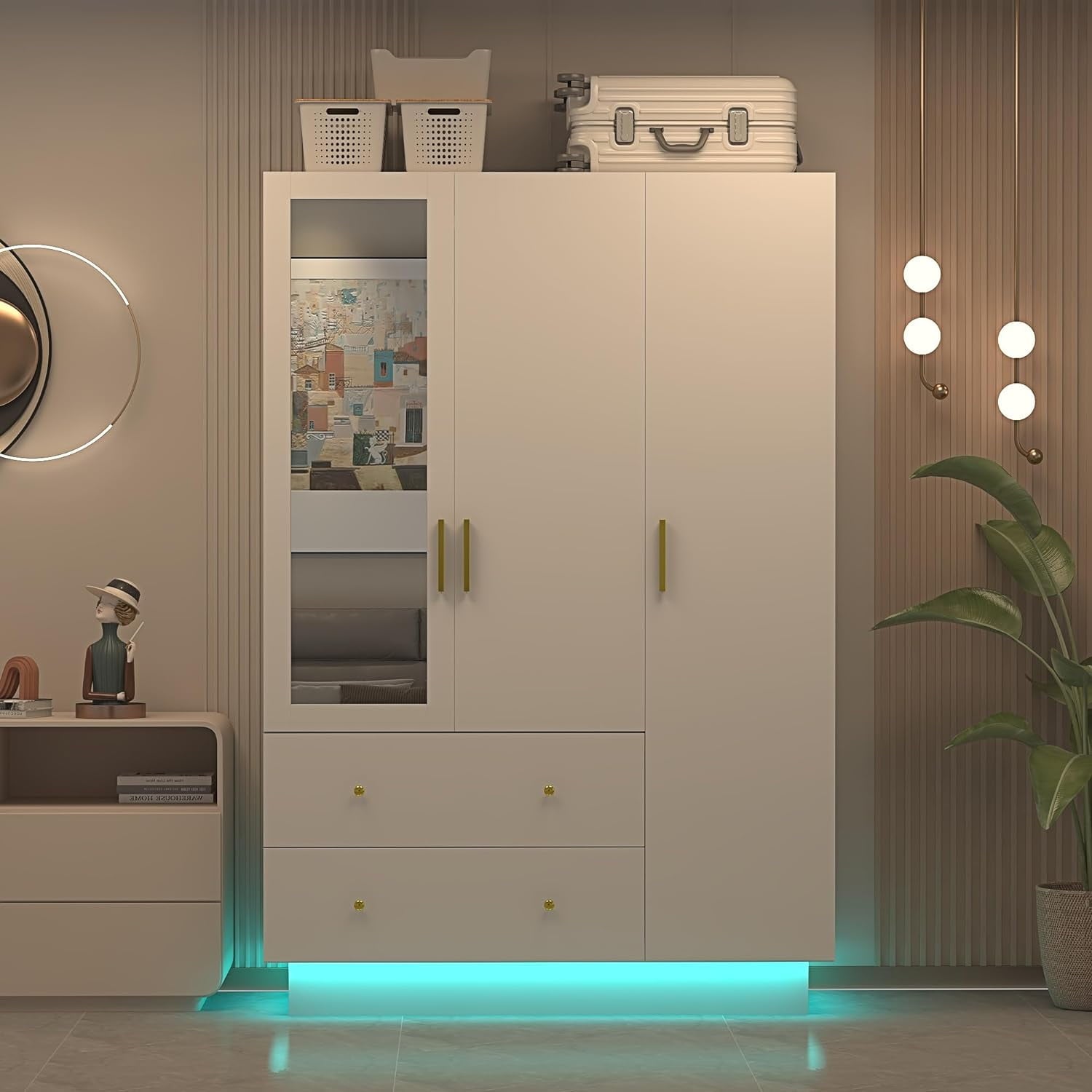 Blotout 70 Armoire Wardrobe Closet with Mirror, LED Wardrobe Armoire with 2 Drawers, 3 Door Wood Armoire Storage with Hanging Rods and Multi-Layer Shelves