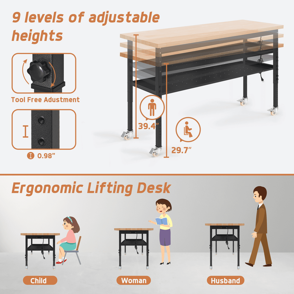 NETAJE 60 Heavy-Duty Work Bench Adjustable Workbench Work Table 2000 lb Load Capacity w/ Power Outlets for Garage, Workshop, Workstation
