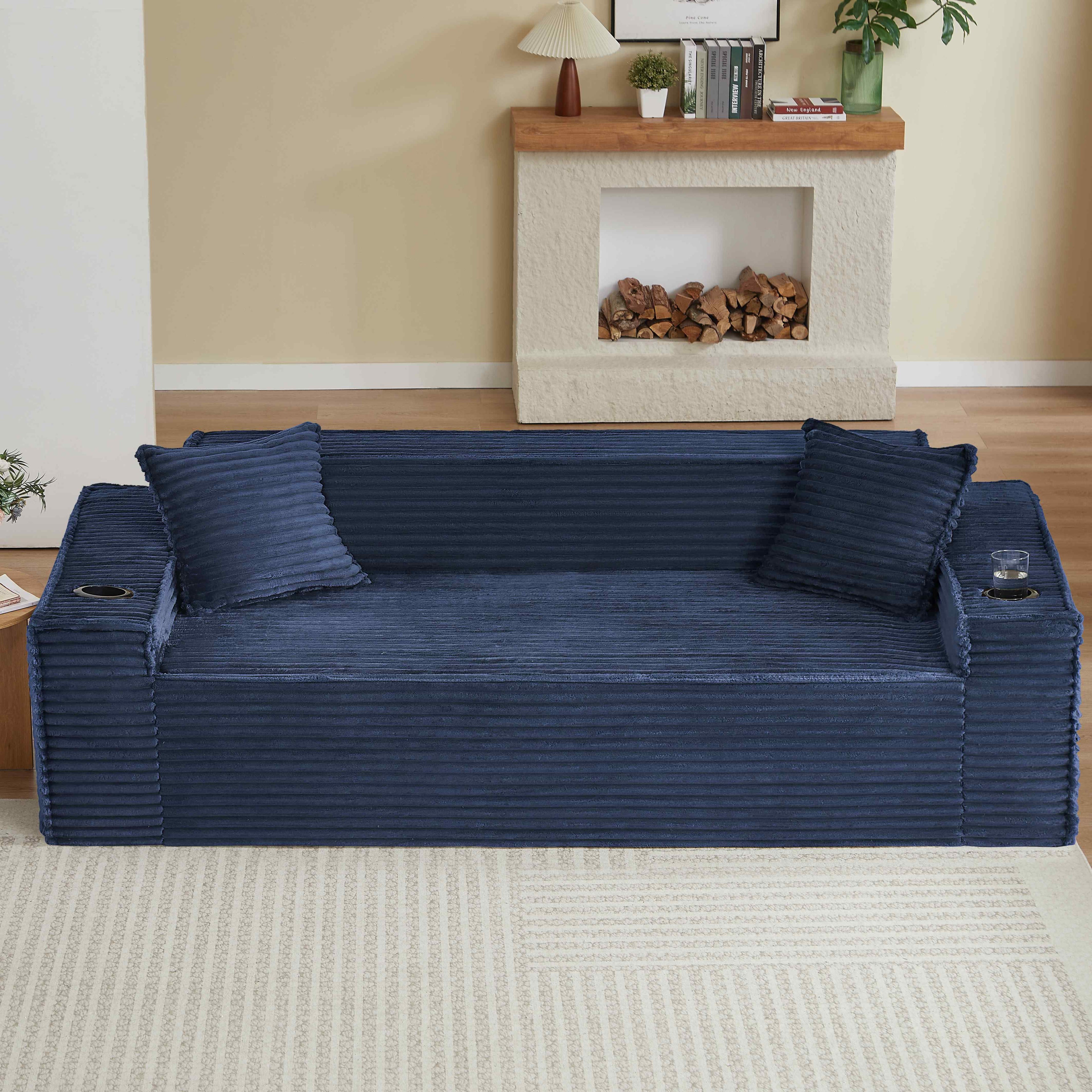 FFH 80.7 Corduroy Sofa, 3 Seater Boneless Cloud Couch for Small Living Rooms, Apartments and Offices, Black