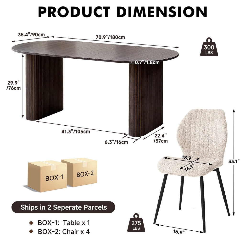 71 Natural Large Dining Table Set for 4 Modern Kitchen Table with Beige Boucle Upholstered Kitchen Chairs Set of 4