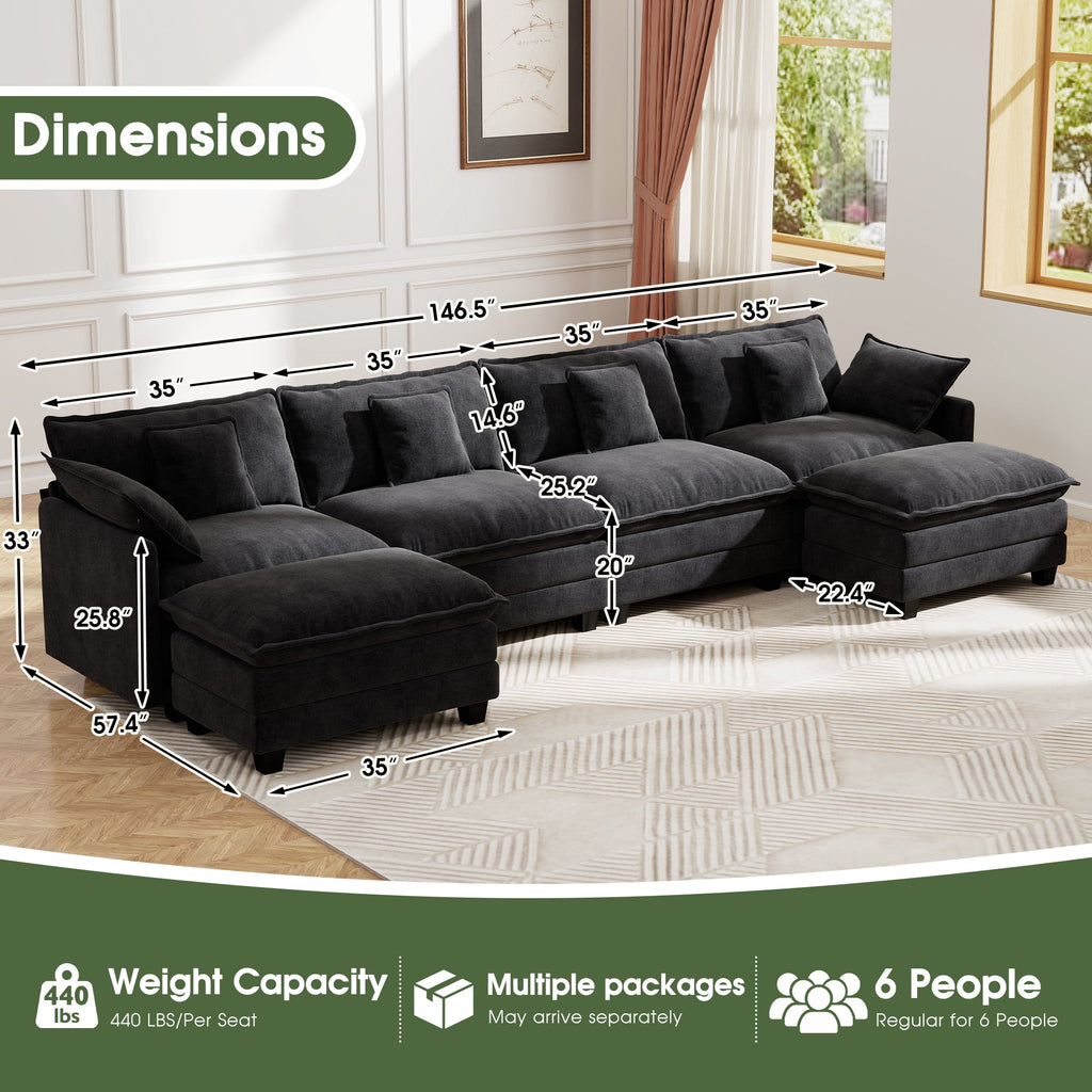 BedLuxury 111.5'' Modular Sectional Sofa with Movable Ottomans, U Shaped Cloud Couch for Living Room, 3-Seat, Grey