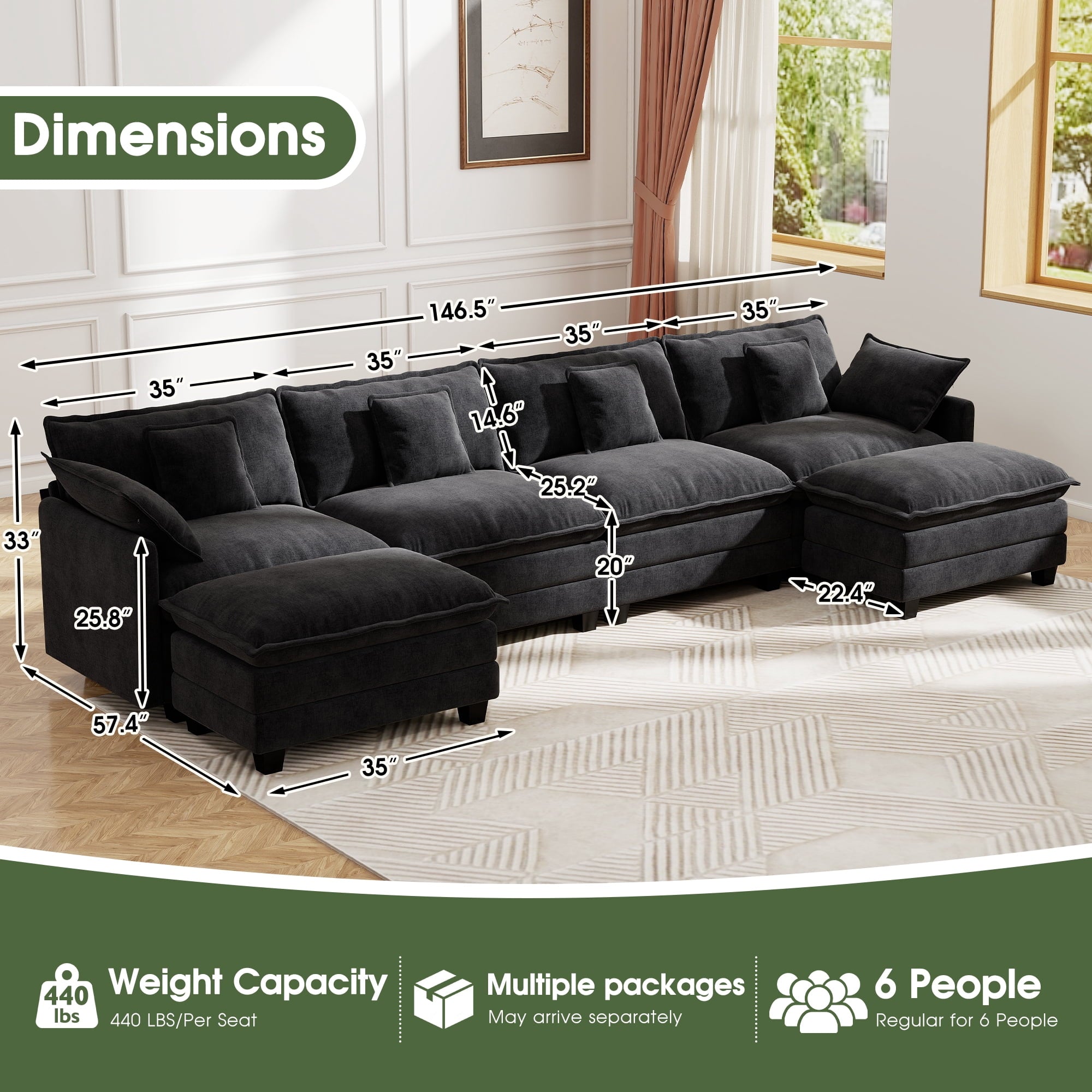 BedLuxury 111.5'' Modular Sectional Sofa with Movable Ottomans, U Shaped Cloud Couch for Living Room, 3-Seat, Grey