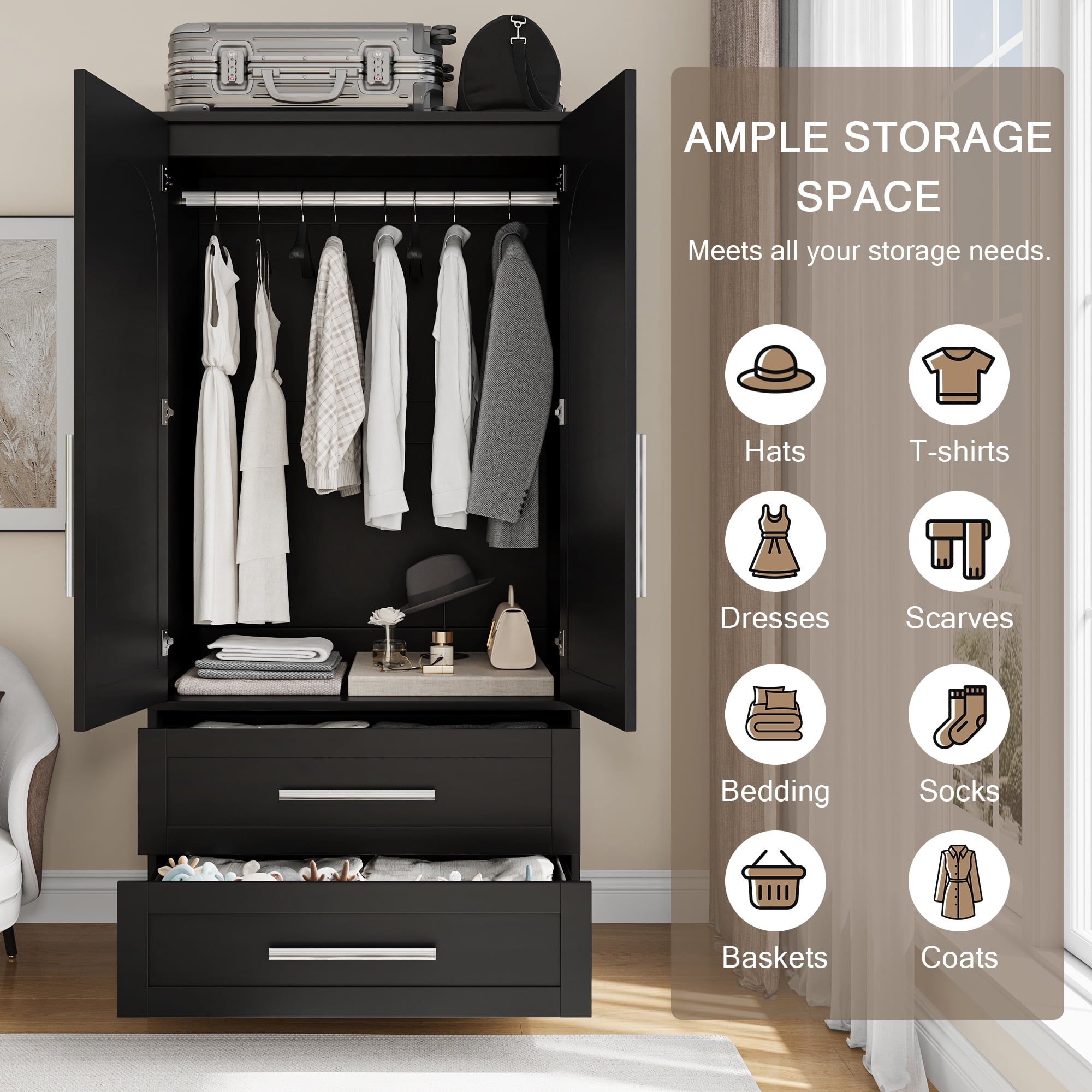 iPormis Wooden Armoire Wardrobe Closet with 2 Drawers, Clothing Storage Cabinet with Shelves Aluminum Hanging Rod, Sturdy Freestanding Modern Bedroom Clothing Armoires, White