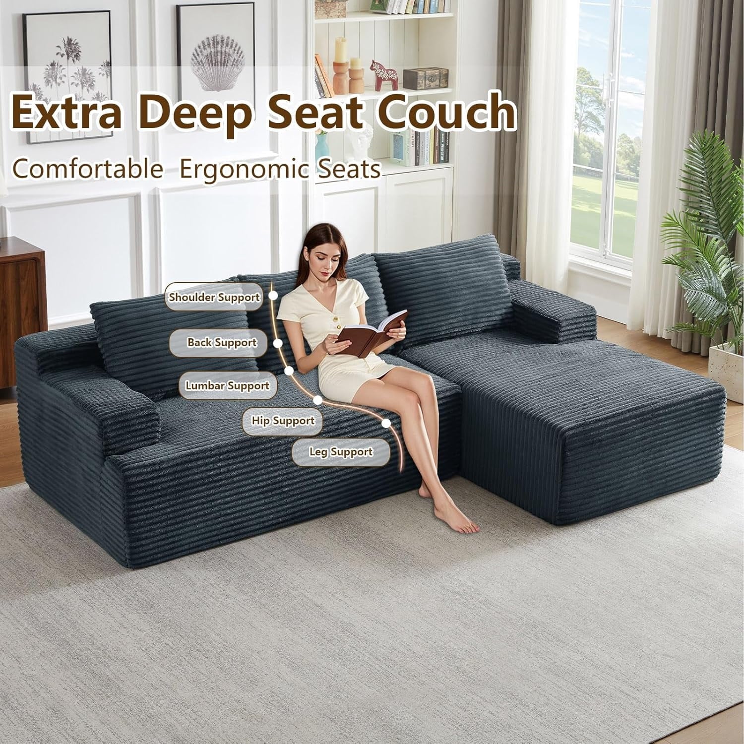 96 Boneless Cloud Couch with Chaise, Modular Sectional Sofa for Living Room, No Assembly Required, Deep Seat Corduroy Couch, Green