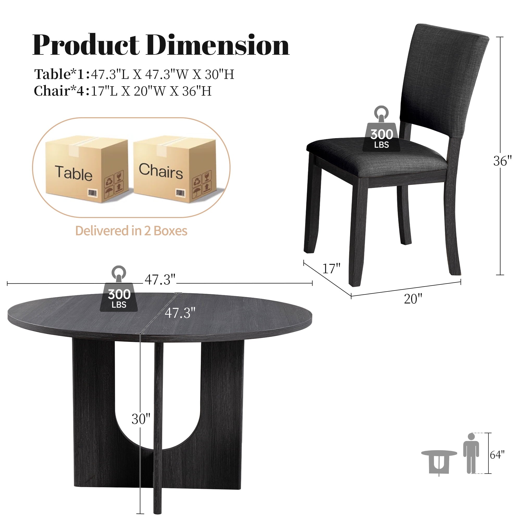 Leovanni Modern 48 5-Piece Solid Wood Dining Table Set with 4 Upholstered Chairs, Rectangular Kitchen & Dining Room Set, Natural
