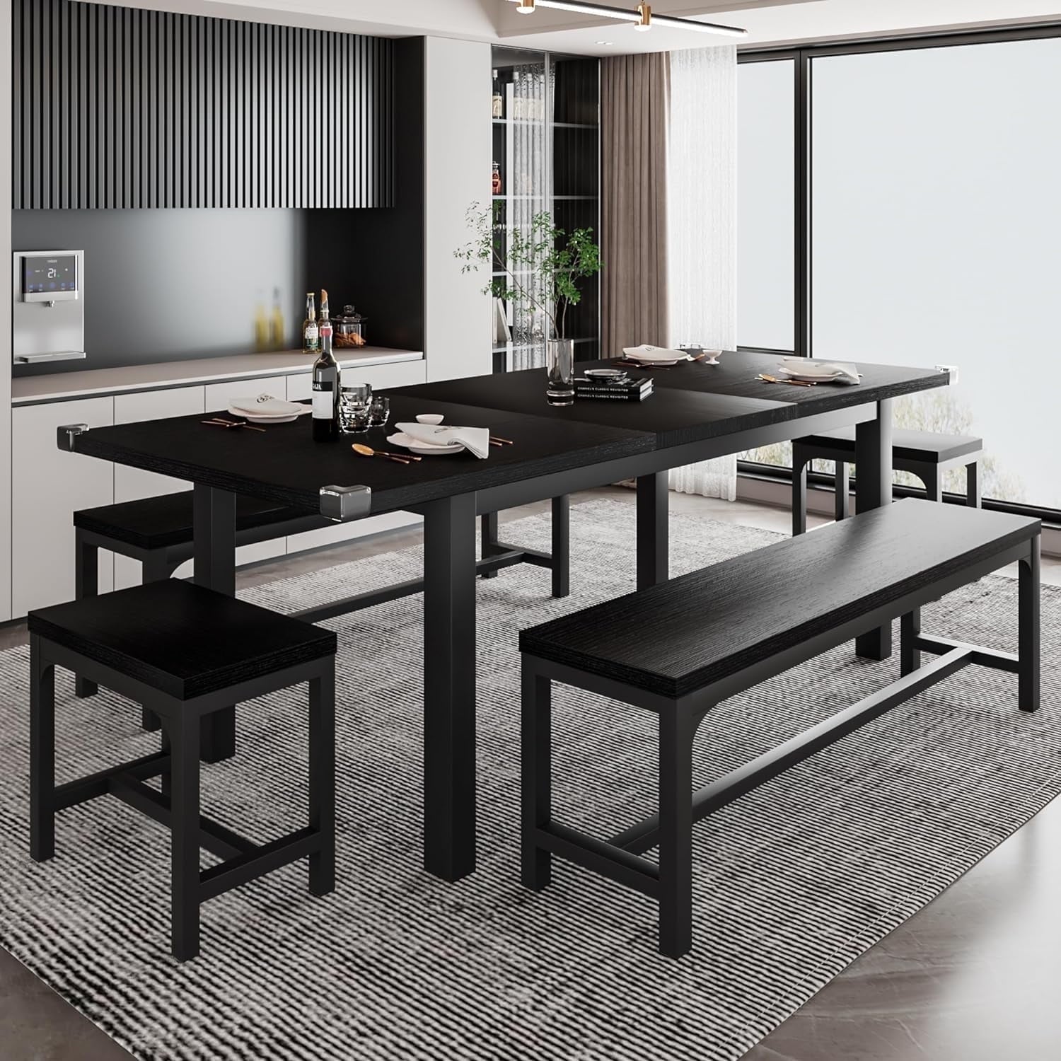 iPormis 5-Piece Dining Table Set for 4-8 People, Extendable Kitchen Table Set with 2 Benches and 2 Square Stools, Espresso