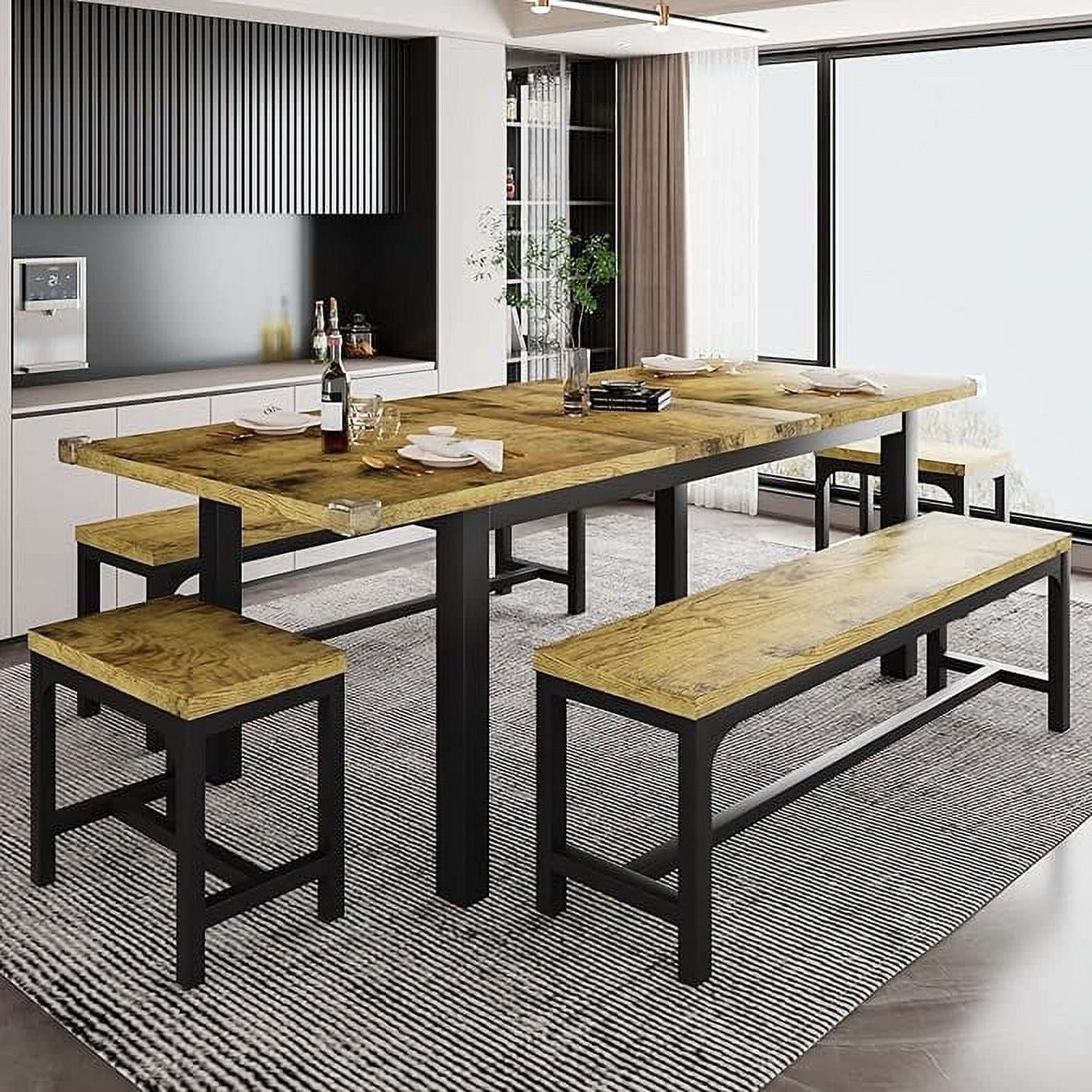 iPormis 5-Piece Dining Table Set for 4-8 People, Extendable Kitchen Table Set with 2 Benches and 2 Square Stools, Espresso