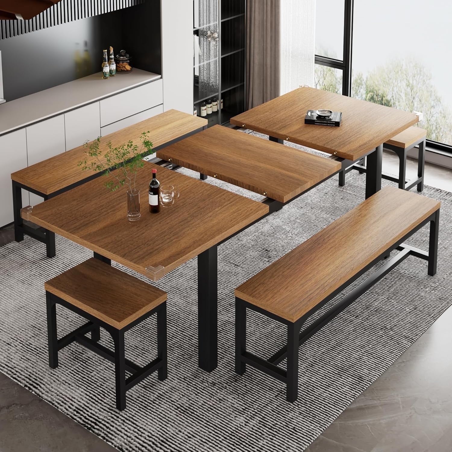 iPormis 5-Piece Dining Table Set for 4-8 People, Extendable Kitchen Table Set with 2 Benches and 2 Square Stools, Espresso