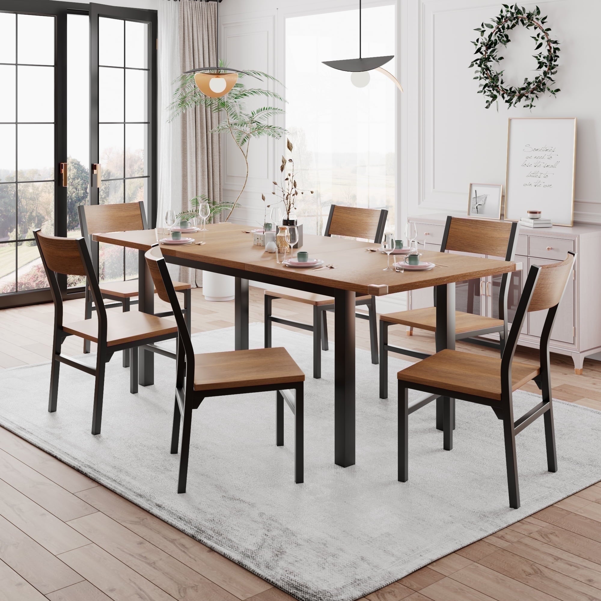 iPormis 63 Extendable Kitchen Table Set for 4-6 People, 7-Piece Large Dining Table Set with 6 Chairs,Mid-Century Dining Room Table,Espresso