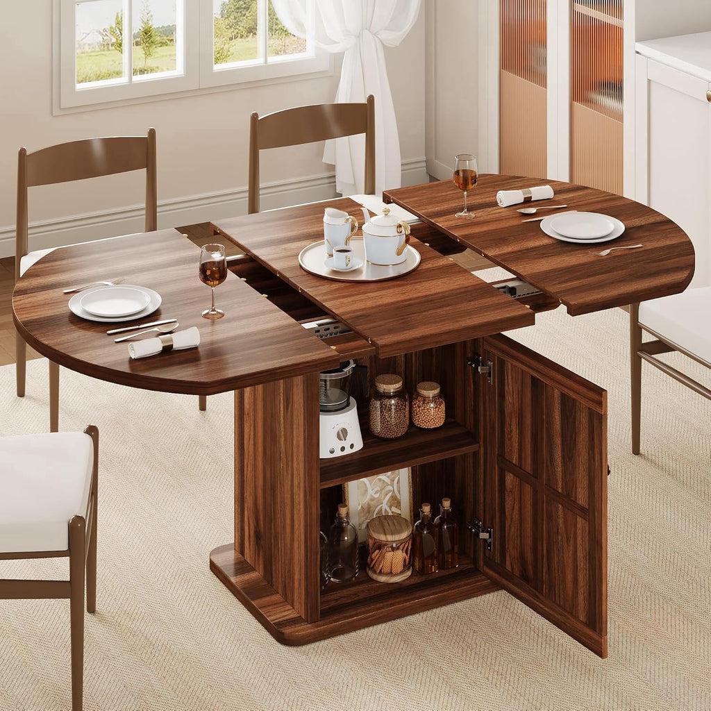 iPormis Extendable Round Dining Table for 4-6, 59'' Modern Kitchen Table with 2-Tier Storage Shelf, Wood Door, MDF Board, Space Saving Oval Dinner with Sturdy Pedestal Base, Kitchen, Dining,Walnut