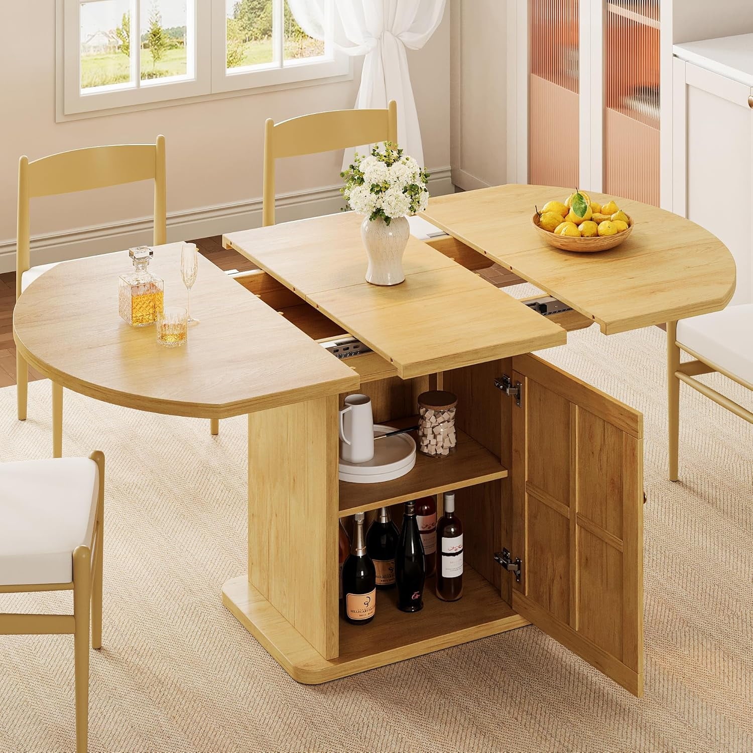 iPormis Extendable Round Dining Table for 4-6, 59'' Modern Kitchen Table with 2-Tier Storage Shelf, Wood Door, MDF Board, Space Saving Oval Dinner with Sturdy Pedestal Base, Kitchen, Dining,Walnut