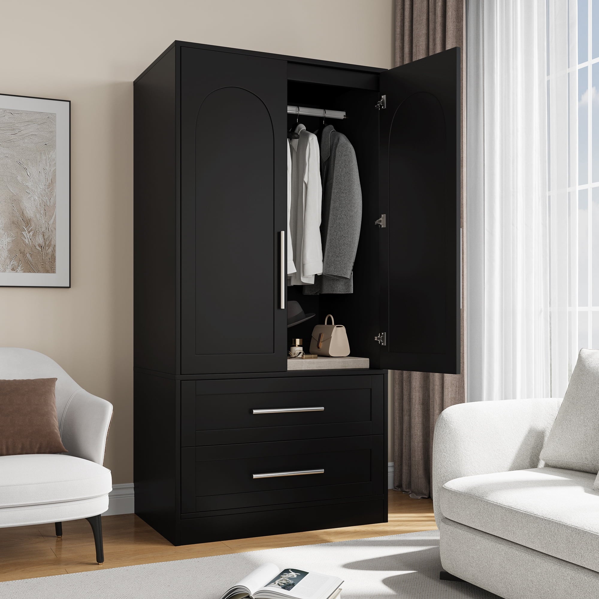 iPormis Wooden Armoire Wardrobe Closet with 2 Drawers, Clothing Storage Cabinet with Shelves Aluminum Hanging Rod, Sturdy Freestanding Modern Bedroom Clothing Armoires, White
